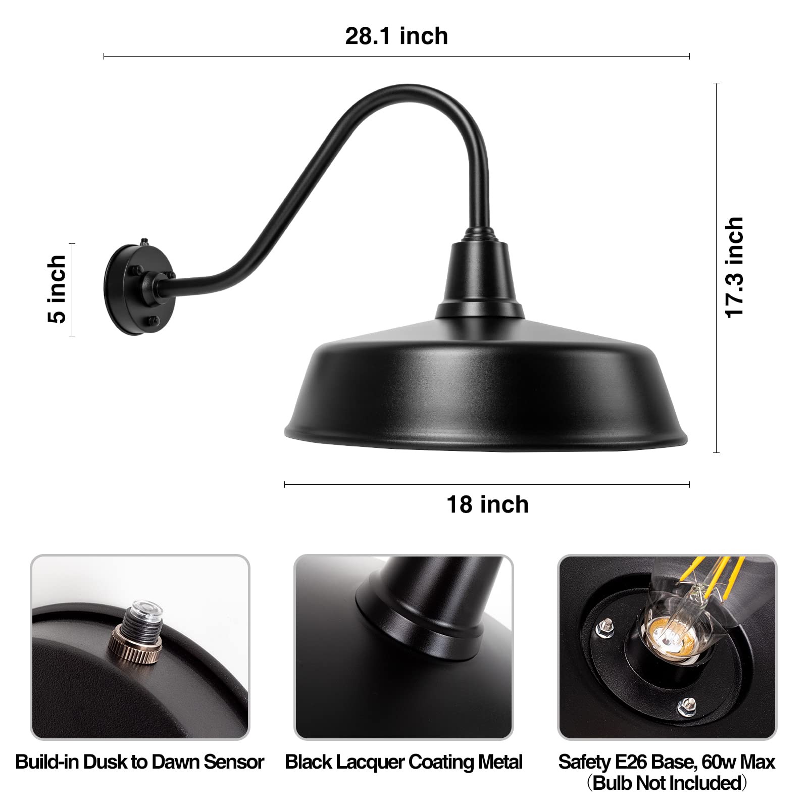 METOJIA Gooseneck Barn Light - 18" Black Metal Exterior Sconce with Dusk to Dawn Sensor for Porch, Garage, and Front Door