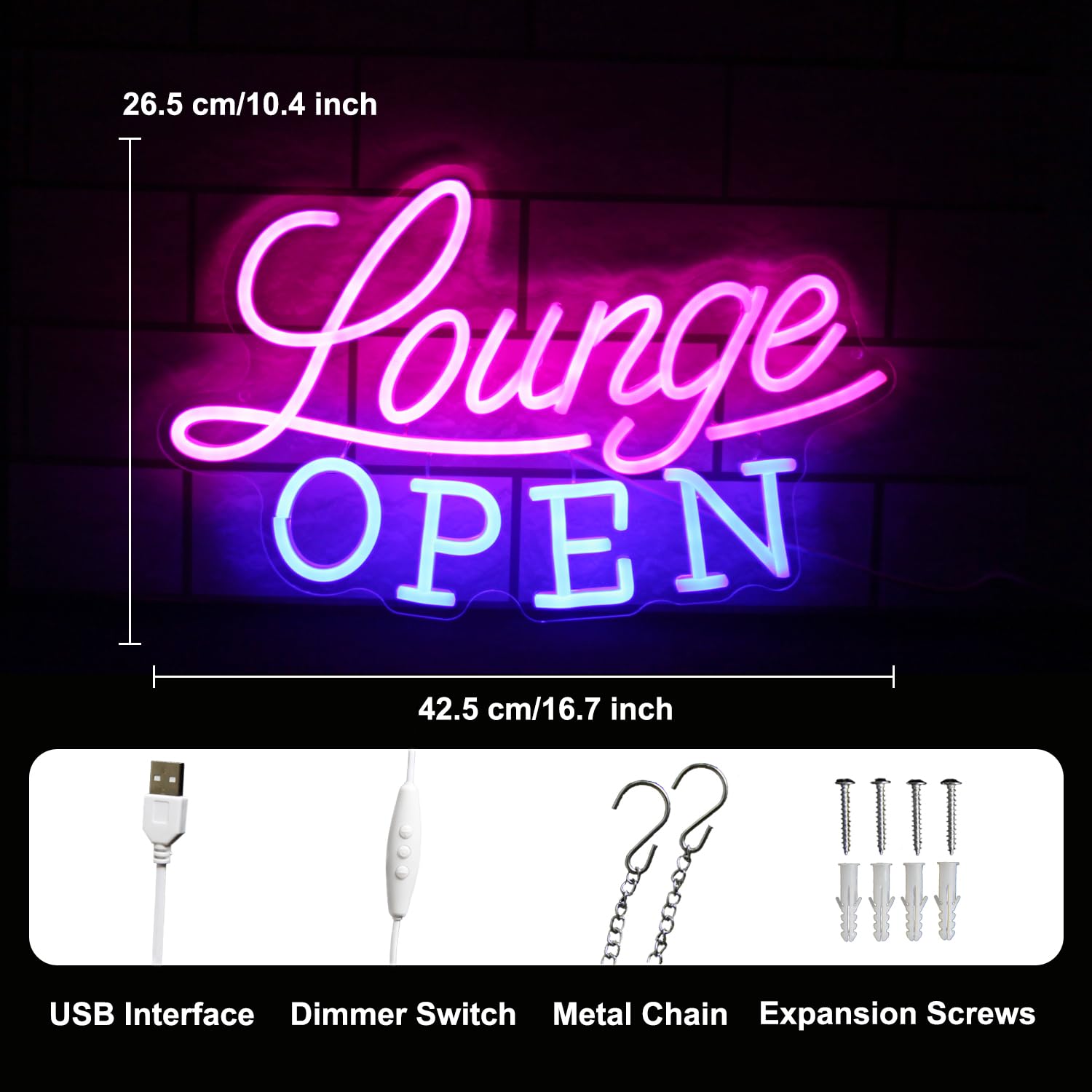 Kullneon Neon Sign - Lounge Open LED Light, Dimmable, Acrylic, 16.7inx10.4in, Pink Blue, Model YL-Lounge for Bar, Night Club,
