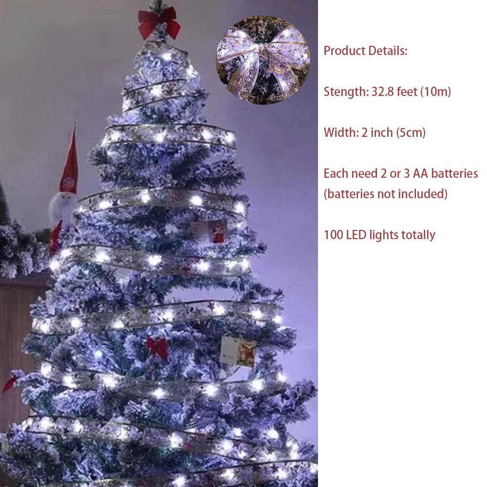 Christmas Tree Decorations Ribbon Lights, 32Ft 100 Led String Lights, Battery-Powered Copper Wire Christmas Tree Ribbon Lights For Holiday Party Weddings Indoor Christmas Tree Decorations (Silver)
