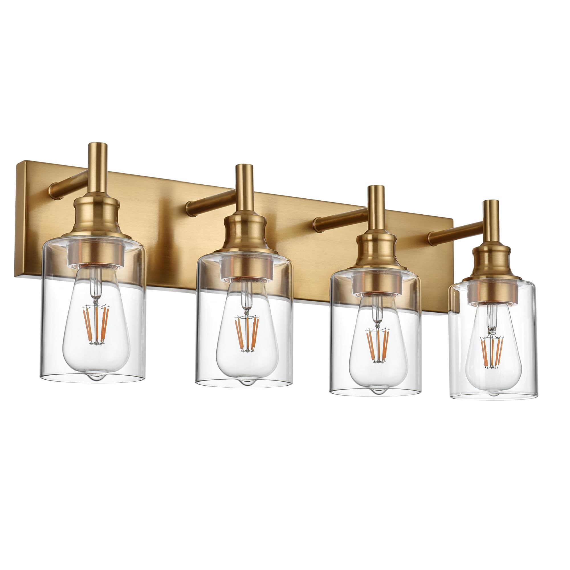 Wanluce 4 Light Vintage Brushed Brass Bathroom Vanity Light Fixtures Over Mirror With Clear Glass Shades, Farmhouse Wall Sconces