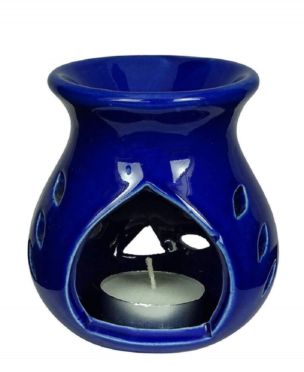 Mkd2 Rise Ceramic Clay Candle Operated Aroma Burner Oil Diffuser Lamp (Yellow & Blue) -Set of 2