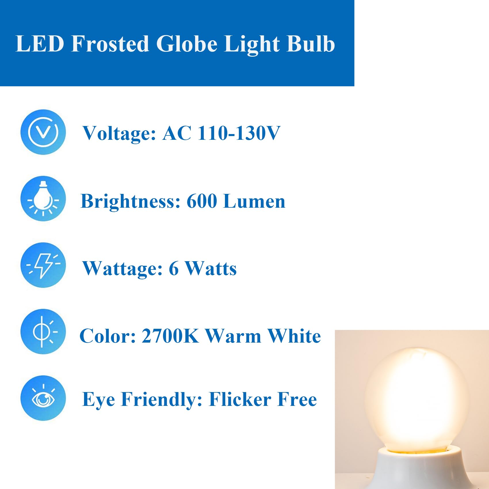 Beonllay E26 Led Bulb 60 Watt Dimmable Frosted Globe Bulb, Led 6W 2700K Warm White G16.5 Light Bulb For Chandelier, Vanity Light