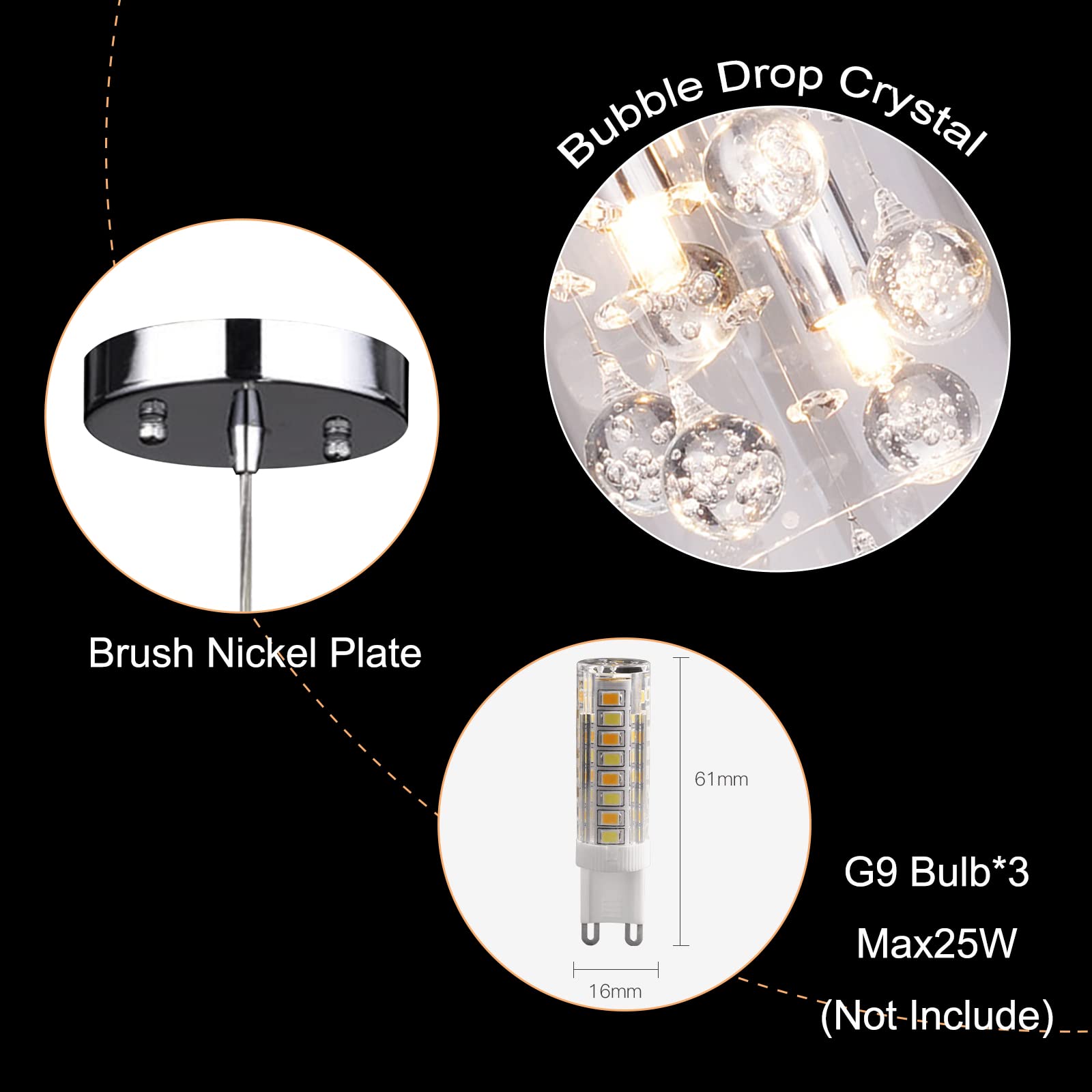 AXILAND G9 Pendant Light Fixtures Dimmable Adjustable Brush Nickel Clear Crystal for Kitchen Dining Room Model 00WBS605-1