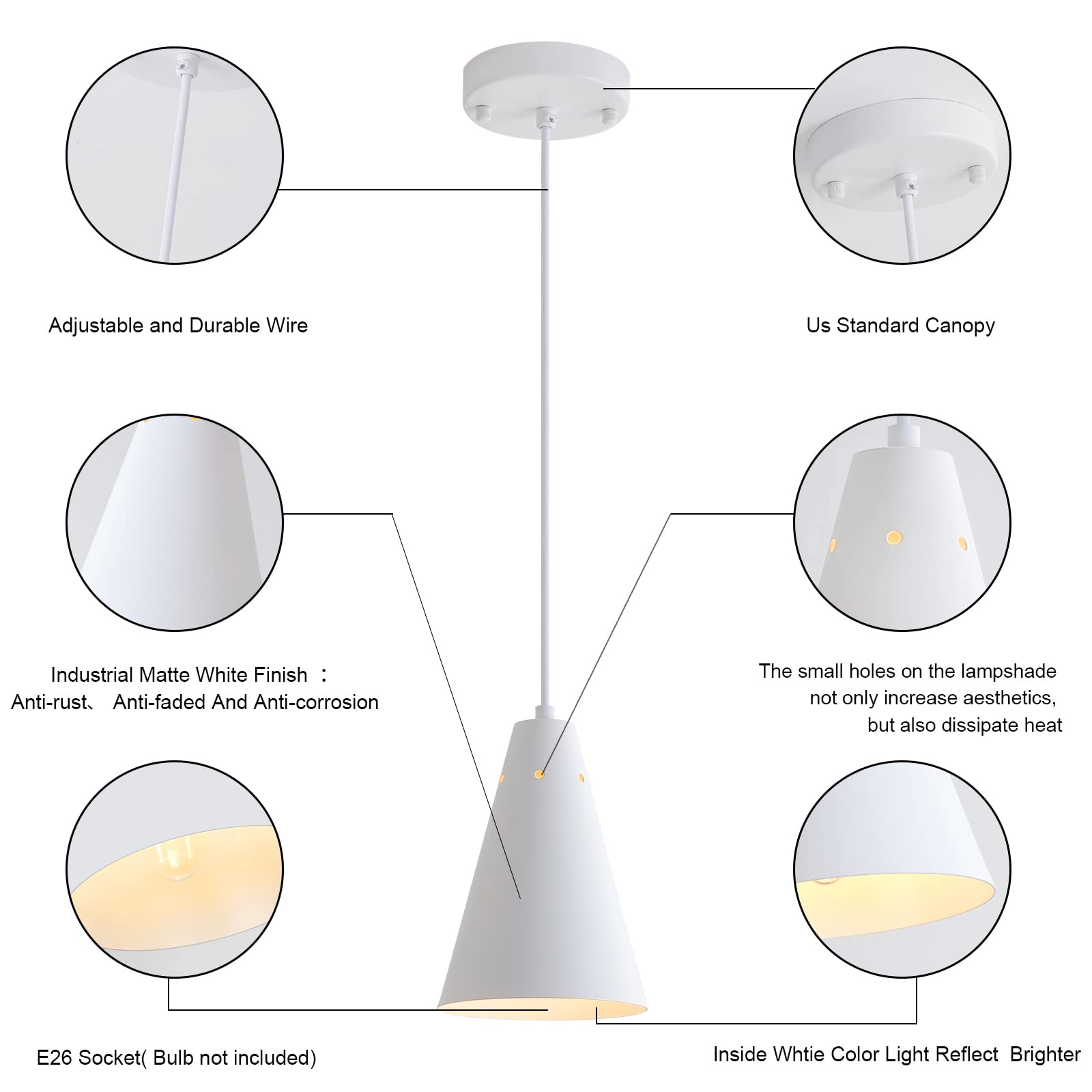 Dijiahua White Pendant Lights 3 Pack, Modern Metal Chandeliers, Adjustable Cord, Farmhouse Style For Kitchen Island & Dining Room