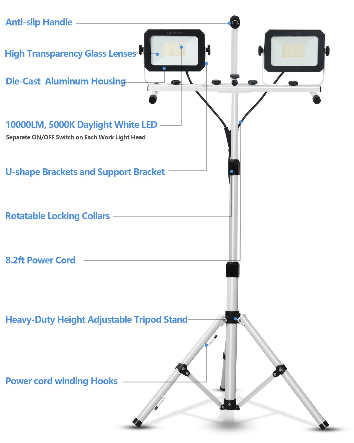 Ufond 10000 Lumen Led Work Light With Stand, Dual Head Work Light, Waterproof Lamp With Individual Switch, Adjustable Metal Telescoping Tripod With Power Cord (2 Pack)