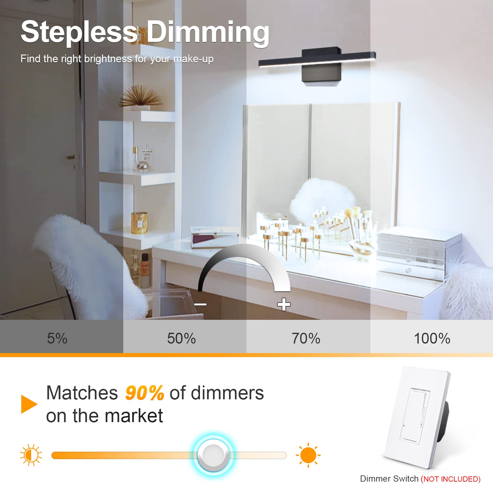 Volisun Modern Bathroom Vanity Light 15.7 Inch, 12W Dimmable 5Cct Led Bathroom Light Fixture Over Mirror, Black Bar Vanity Light