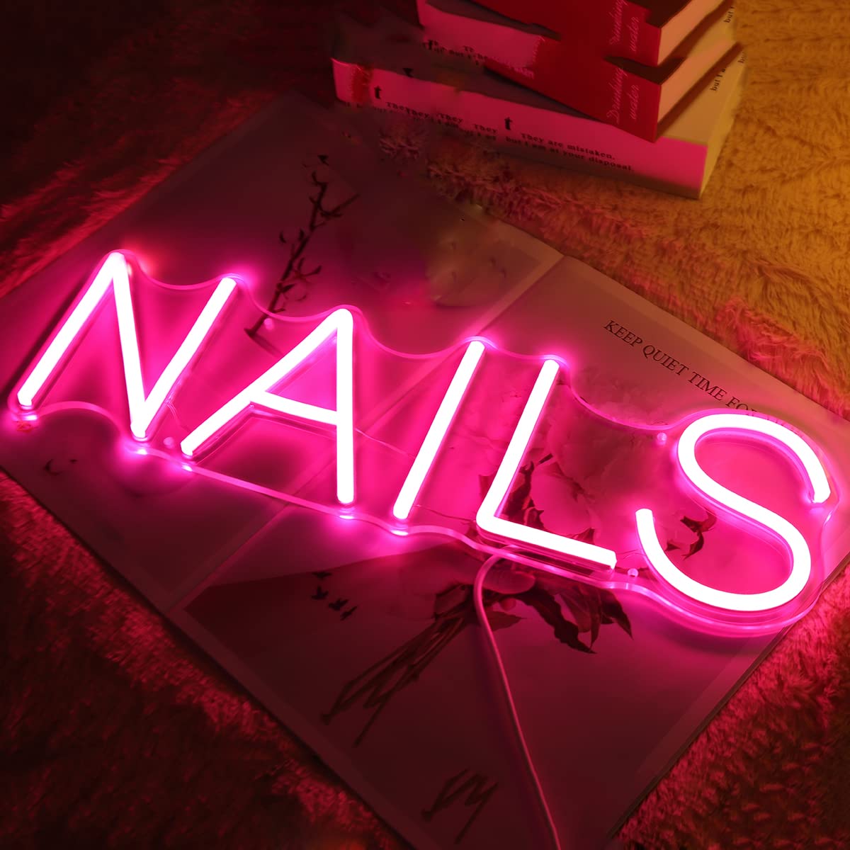 Britrio LED Neon Sign Light for Nail Spa, 15.75”L x 4.65”H, Pink, Model BR-NAILS-PINK, USB Powered with Dimmer Switch