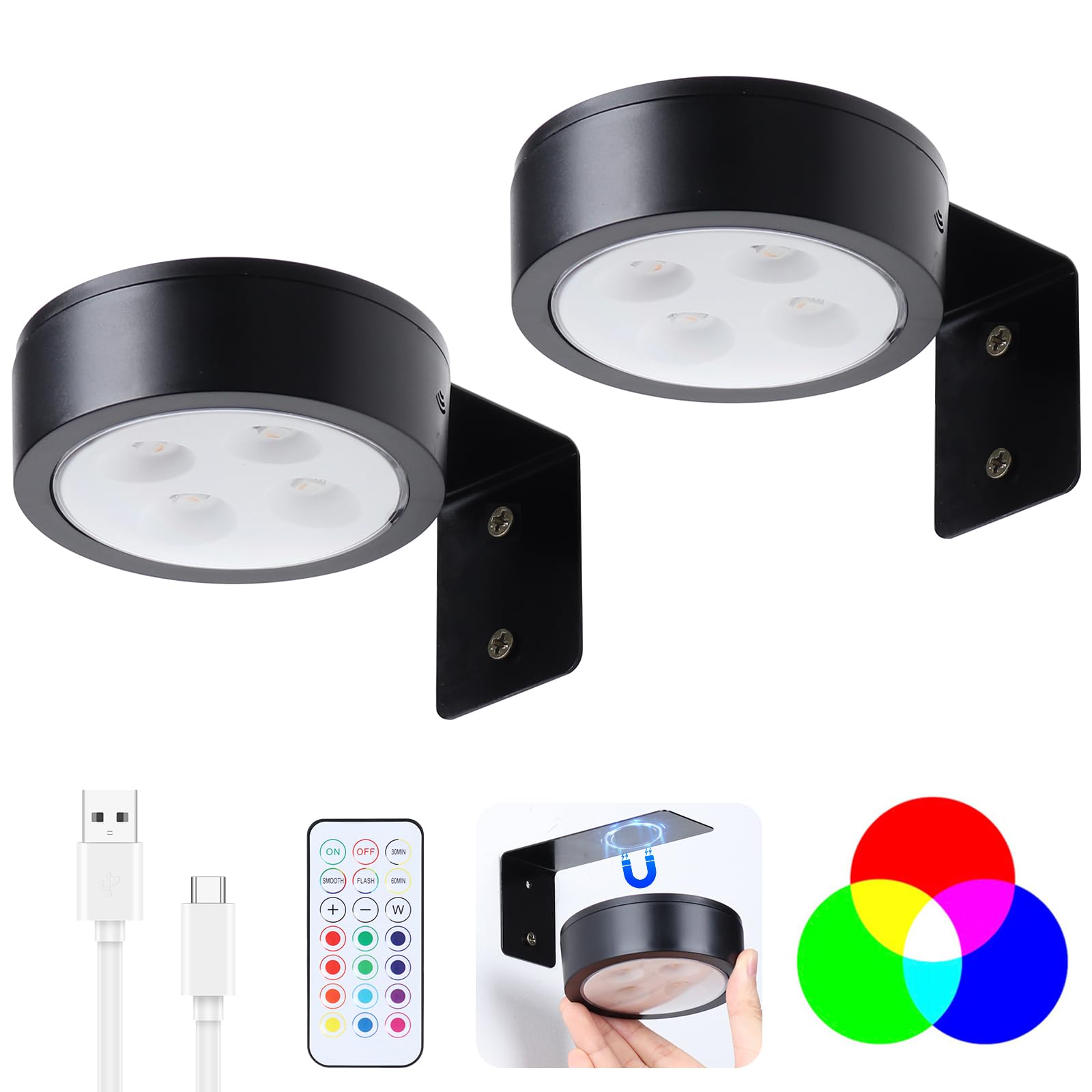 Ovyiech Wireless Picture Lights, Battery Operated with Remote, Dimmable, 2 Pack, Black, Model XS-PCL10-02BKRGB
