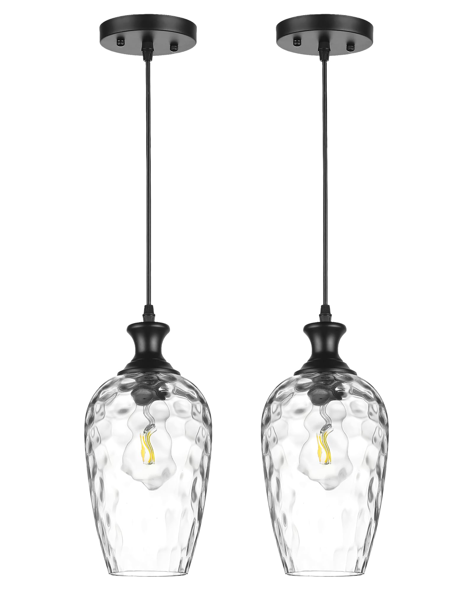 SADUENFR 2Pcs Glass Pendant Lights Kitchen Island, 1-Light Black Pendant Light Fixtures with Hand-Blown Clear Glass, Farmhouse H