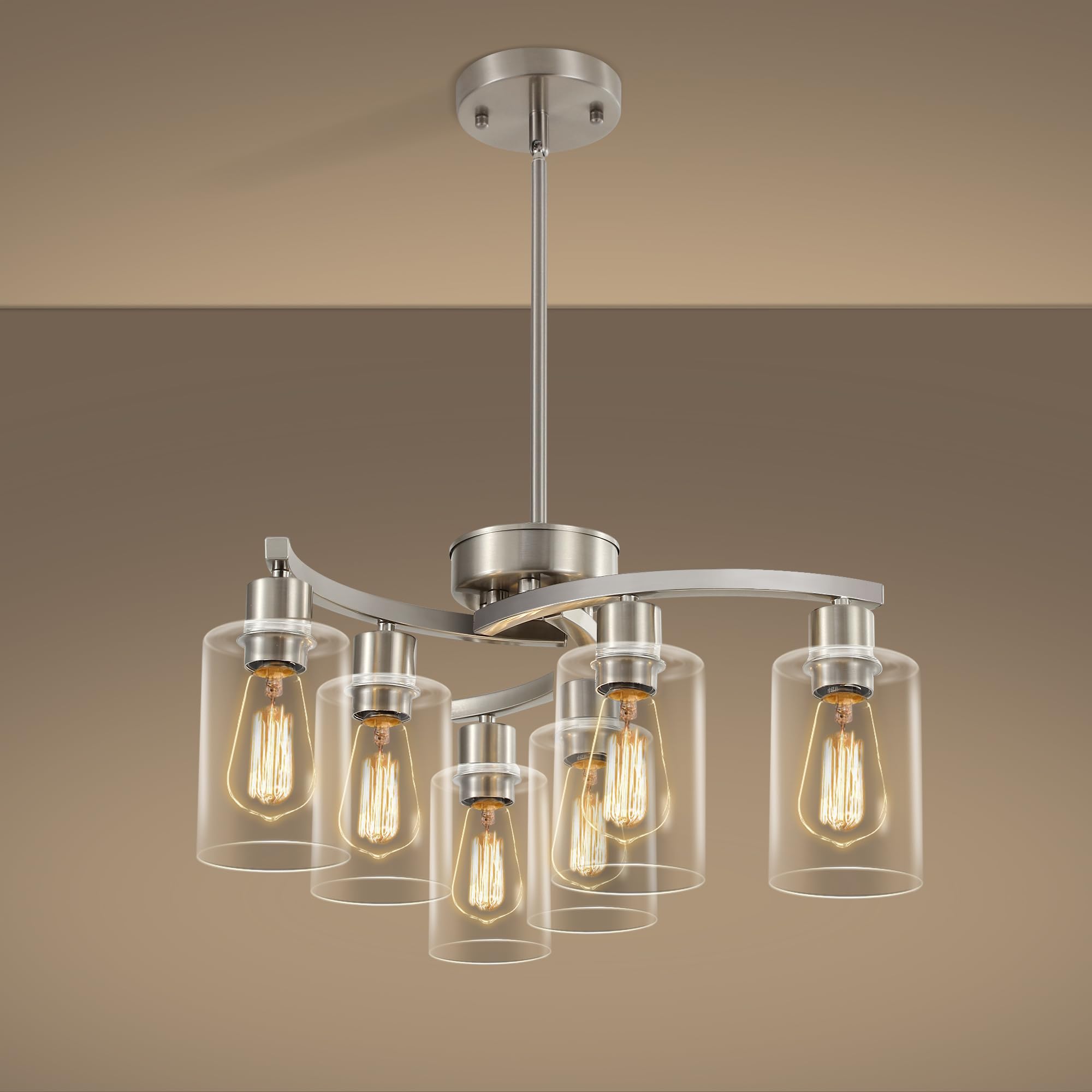 Sigaitwei 6 Light Farmhouse Brushed Nickel Chandelier,21.7'' Modern Chandeliers For Dining Room Light Fixtures Over Table,Pendan