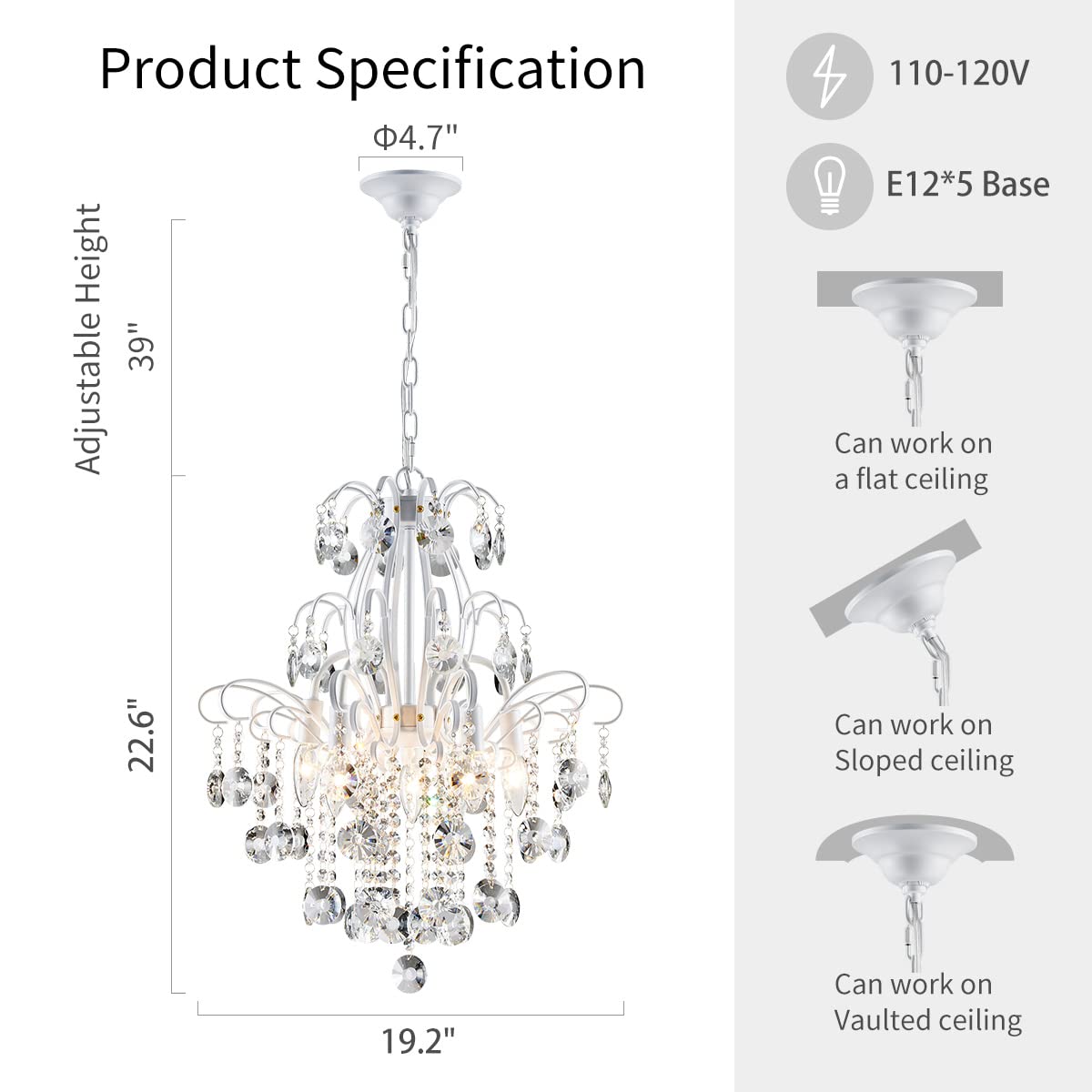 WUZUPS 5-Light Crystal Chandelier Pendant Light, 22.6" H x 19.2" W, Modern White Glass Fixture for Bedroom, Hallway, Kitchen, Model USHD