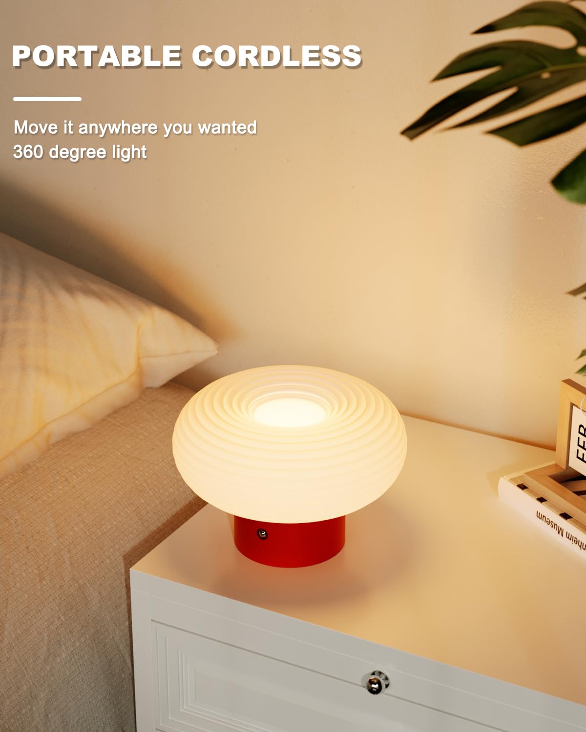 Fanhao Touch Bedside Table Lamp, Portable 4000Mah Cordless Rechargeable Mushroom Lamp For Bedroom Living Room Nightstand, 3-Colo
