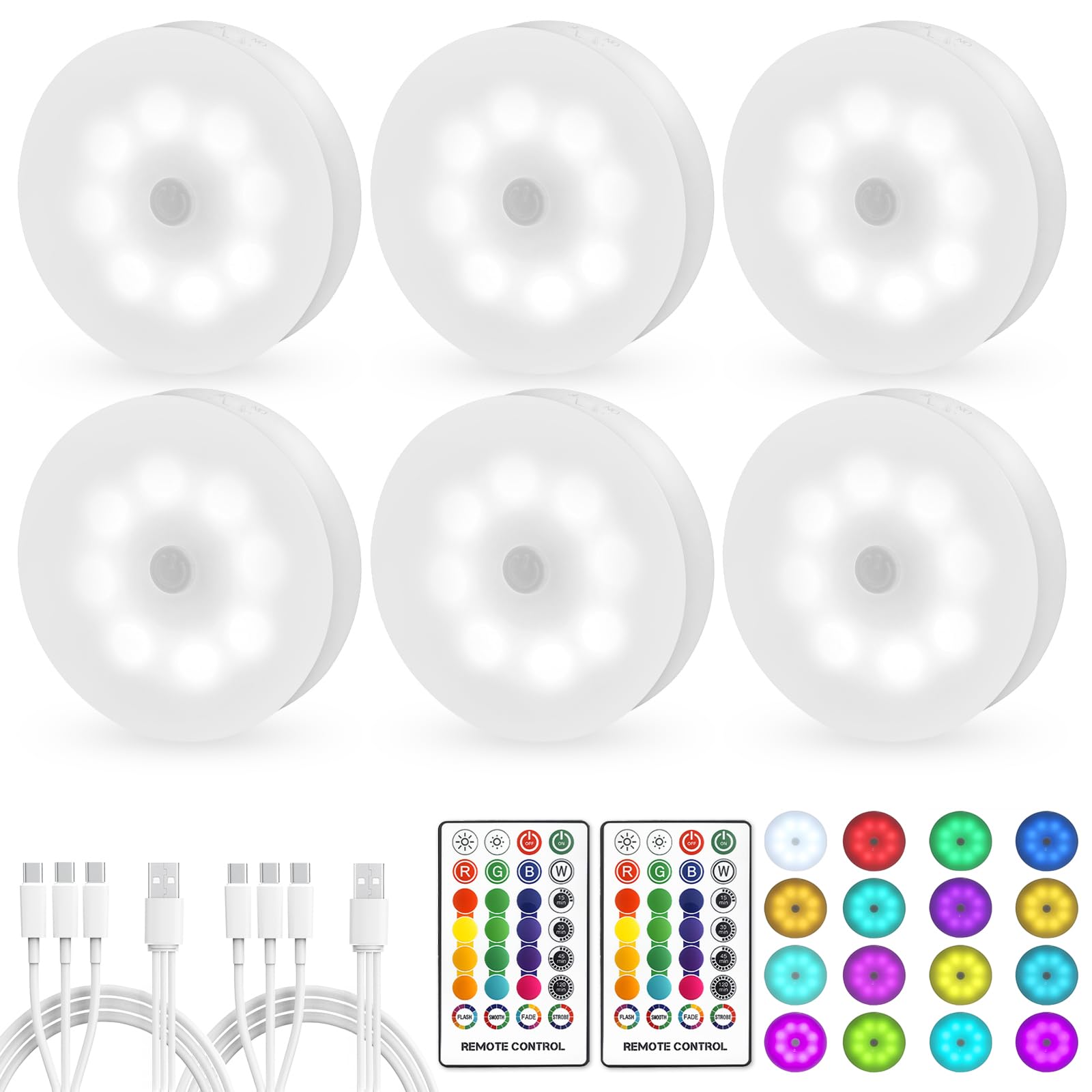 Led Puck Lights with Remote Control 16 Color Changeable USB Rechargeable LED Night Light Battery Operatedfor,Closet,Bedroom Wall