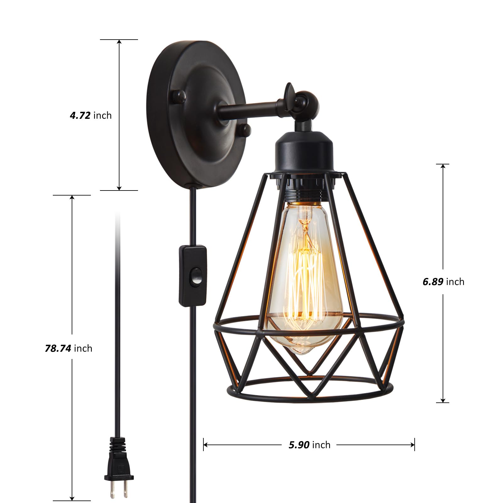 Yxth Industrial Black Plug-In Wall Sconce, Vintage Metal Light Fixture For Kitchen & Bedroom - 2 Pack