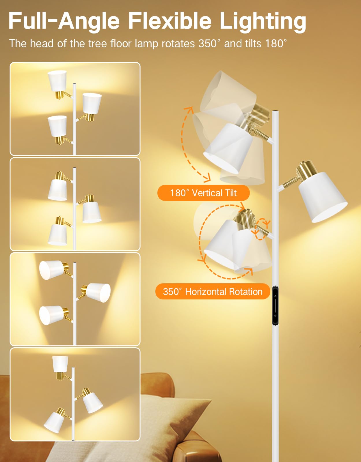 OUTON LED Floor Lamp, Modern Dimmable Standing Lamp with Remote, 4 Color Temperatures, White & Gold