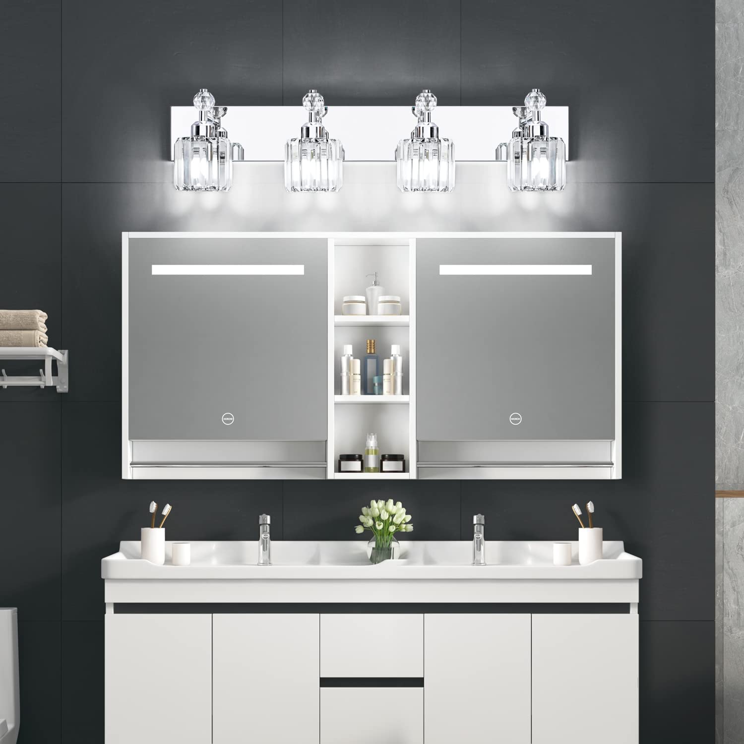 PRESDE Modern Crystal Bathroom Vanity Light 4-Light Chrome Stainless Steel Wall Fixture