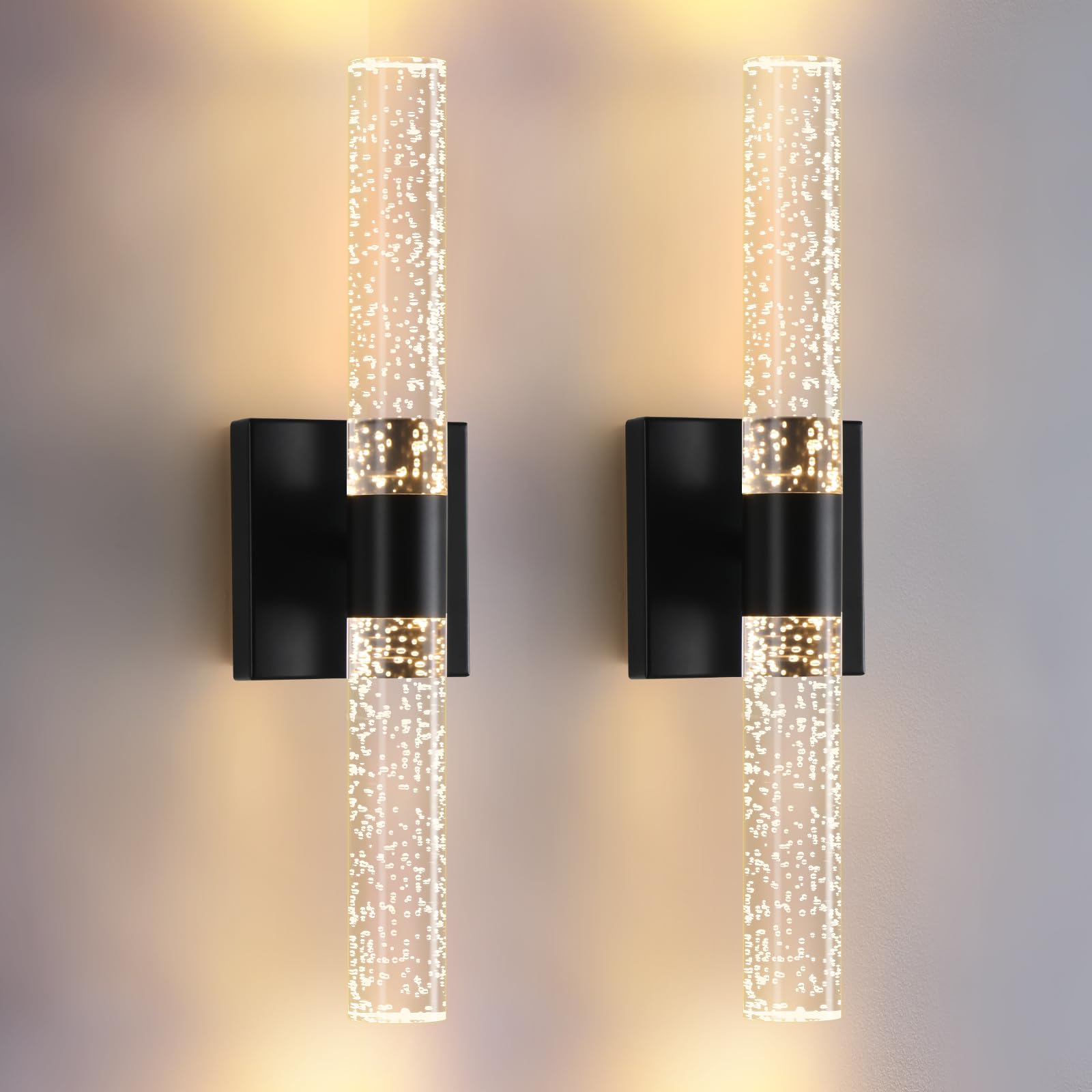 LECLLITEN Black Modern LED Wall Sconces Set of Two 3000K-6000K Crystal Bathroom Sconce Lights 12W LED Vanity Light Bar Wall Ligh