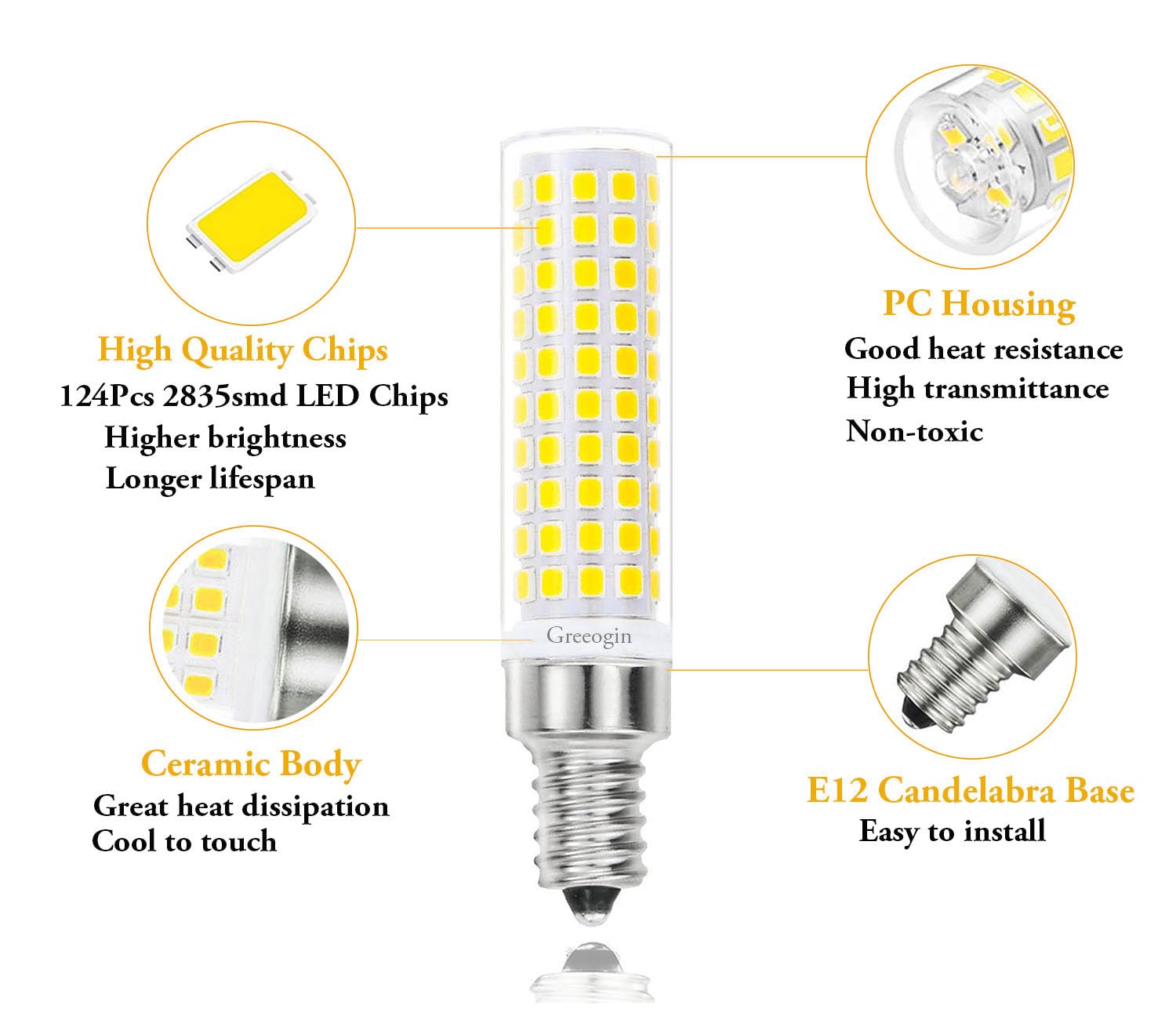 Greeogin T6 E12 10W Led Candle Bulbs,6000K Daylight,1200Lm E12 Led Candelabra Bulbs C7 For Ceiling Fan Chandelier Pendant Lighti