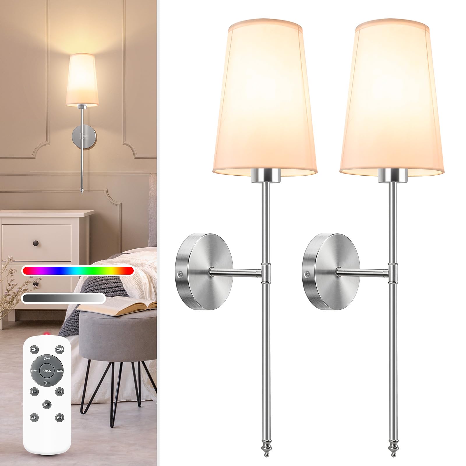 NIORSUN Wall Sconce Set of 2, Rechargeable, Dimmable Bulbs, 27 inch, Brushed Nickel, Model SW015
