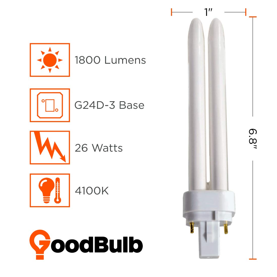 GoodBulb 26W CFL Light Bulbs, 4100K Cool White, 1800 Lumens, 10 Pack, G24D-3 Base, Double Tube, Glass