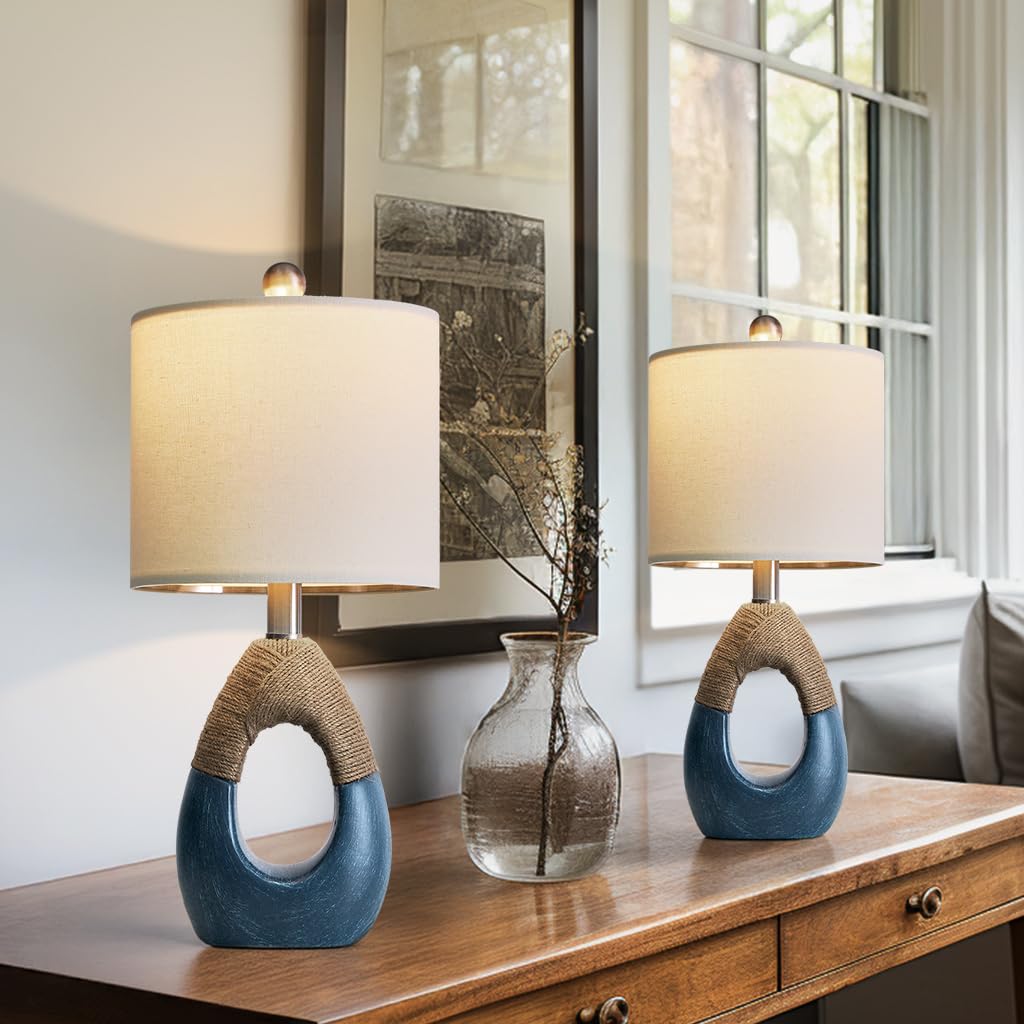 OYEARS 19" Boho Bedside Lamps Set of 2 - Blue Table Lamps for Small Spaces, Coastal Farmhouse Decor - Model AMZ-T1085BL