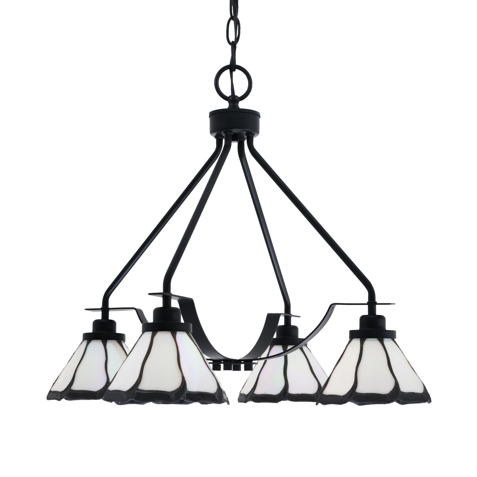 Odyssey Downlight, 4 Light, Chandelier In Matte Black Finish With 7" Pearl & Black Flair Art Glass