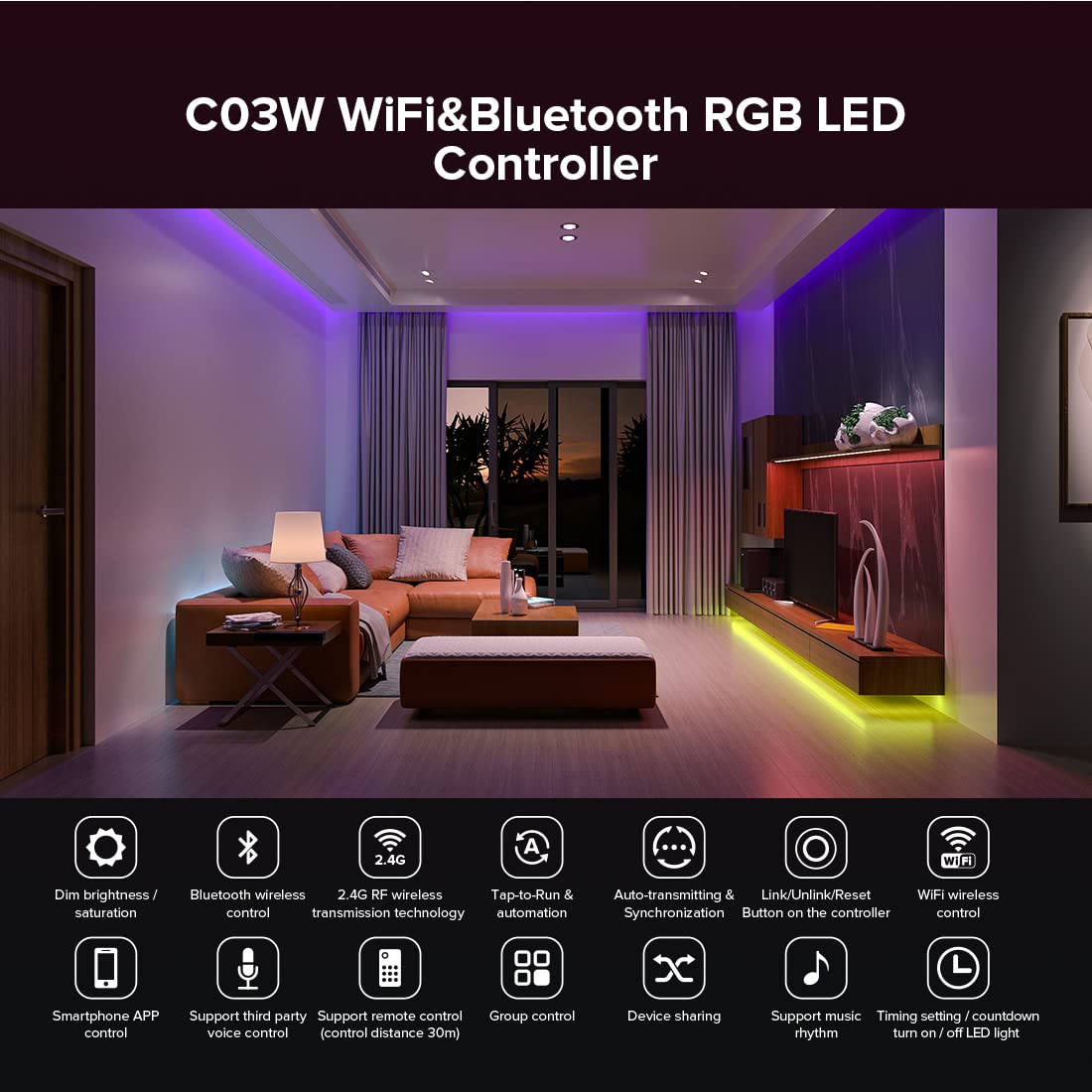 SEZO RGB WiFi Bluetooth LED Strip Controller, Model M1C03W, Smart Life App Compatible, DC12-24V, Group Control