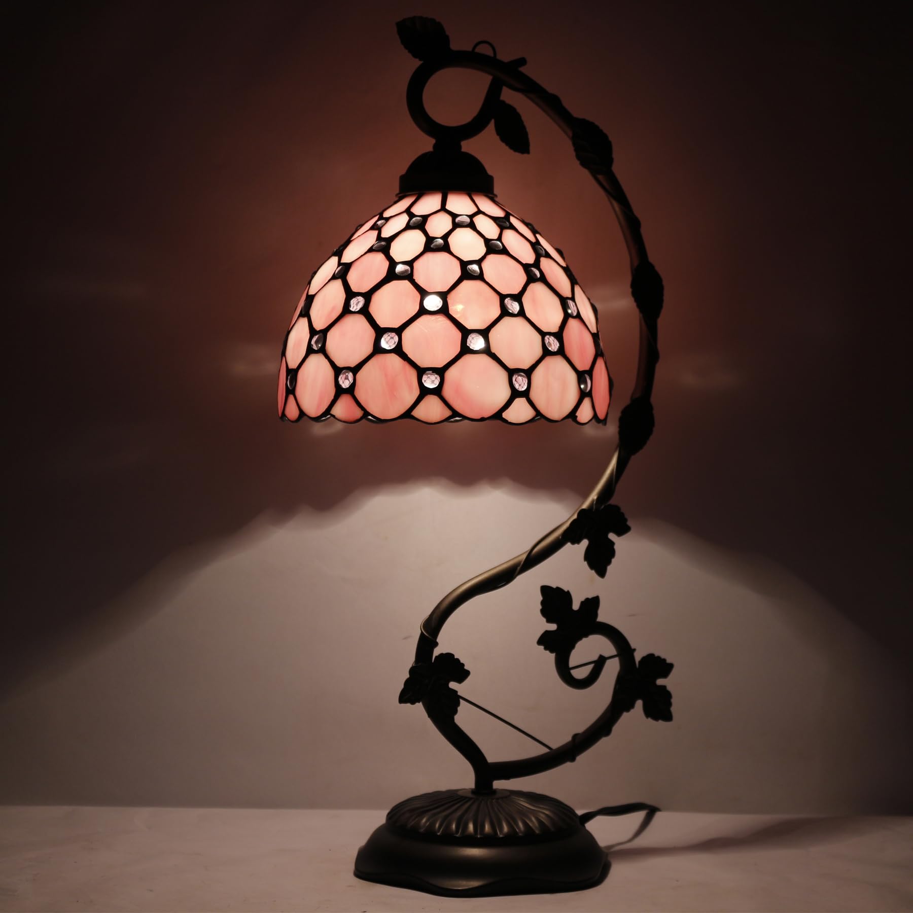 WERFACTORY Tiffany Table Lamp, Pink Stained Glass, 8X10X21 Inches, Metal Leaf Base, S005P Series
