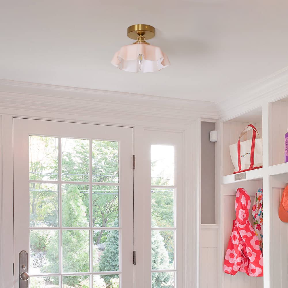 Dsmjfu Vintage Pink Ceiling Light, Brass Pink Flush Mount Ceiling Light, Porch Ceiling Light Fixtures, Glass Small Semi Flush Mo