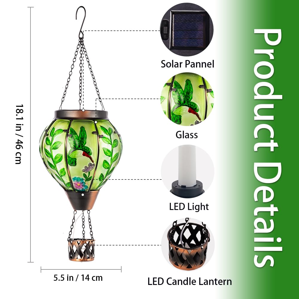 Giole Hummingbird Hot Air Balloon Solar Lantern With Flame , Waterproof Solar Lantern Hanging Glass Outdoor Lantern Decor For Pa