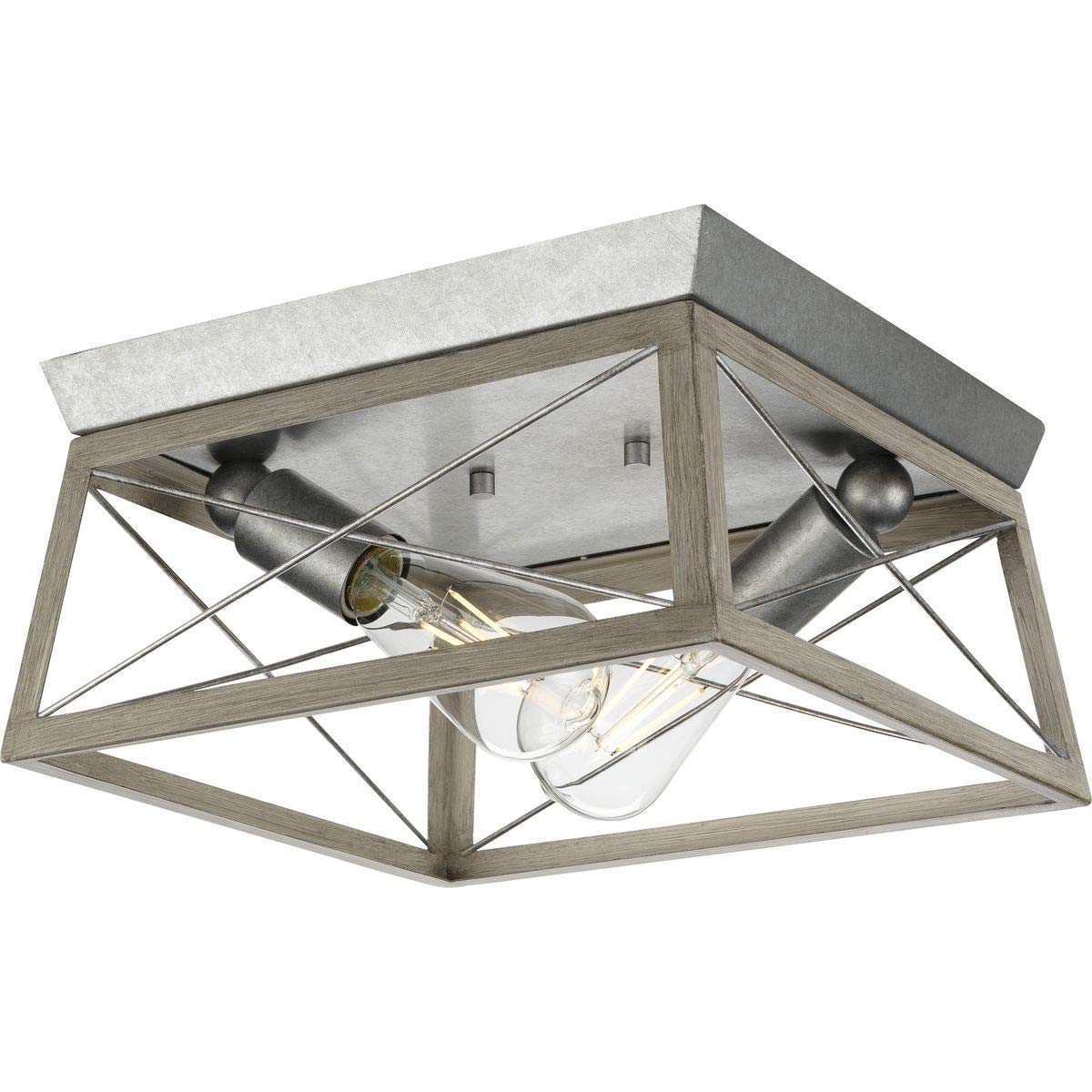 Progress Lighting Briarwood Collection 2-Light Bleached Oak Farmhouse Flush Mount Ceiling Light, Galvanized Finish