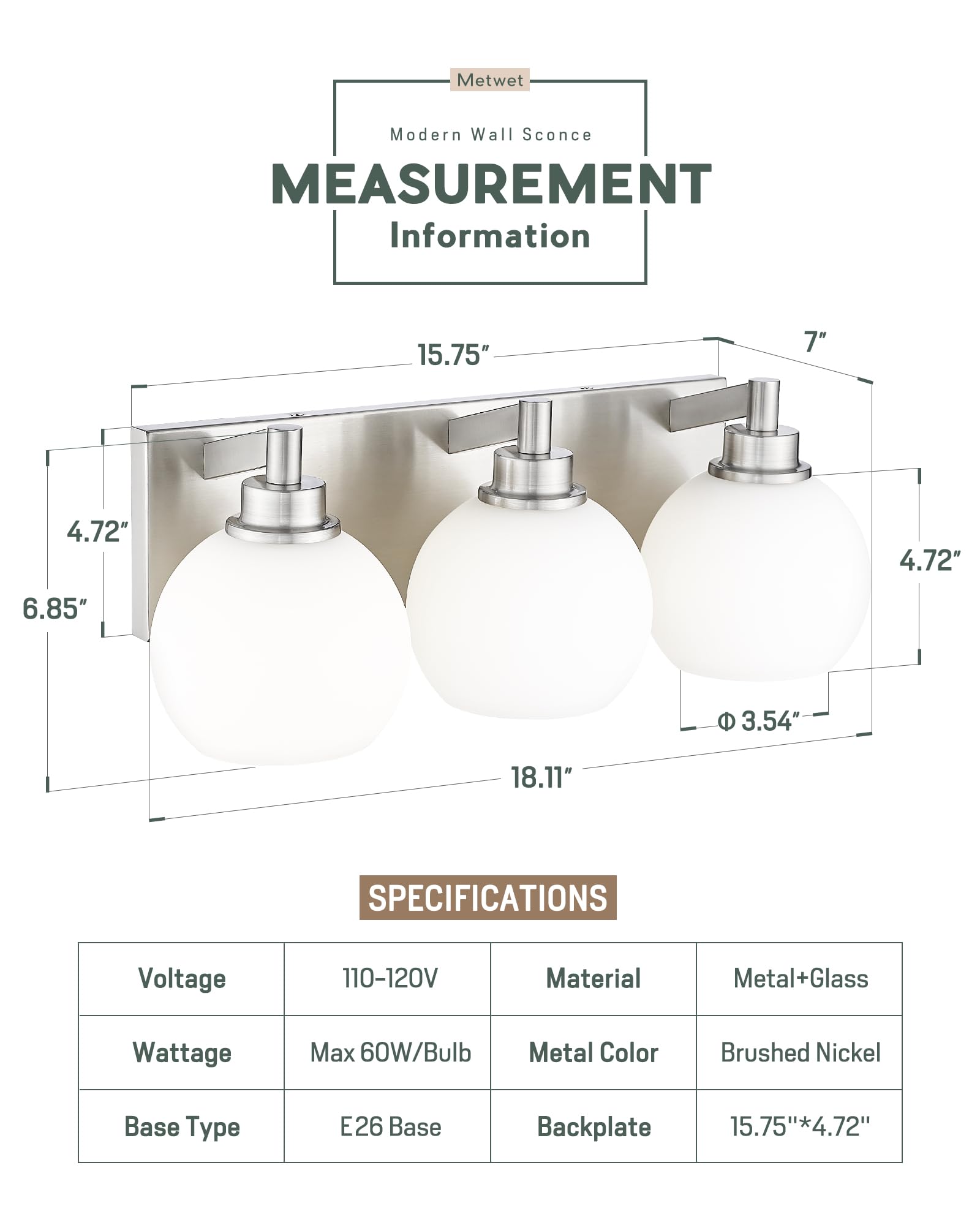 Metwet Bathroom Light Fixtures, 3-Light Brushed Nickel Vanity Light, Modern Wall Sconces With Milk White Globe Glass Shade, Vani