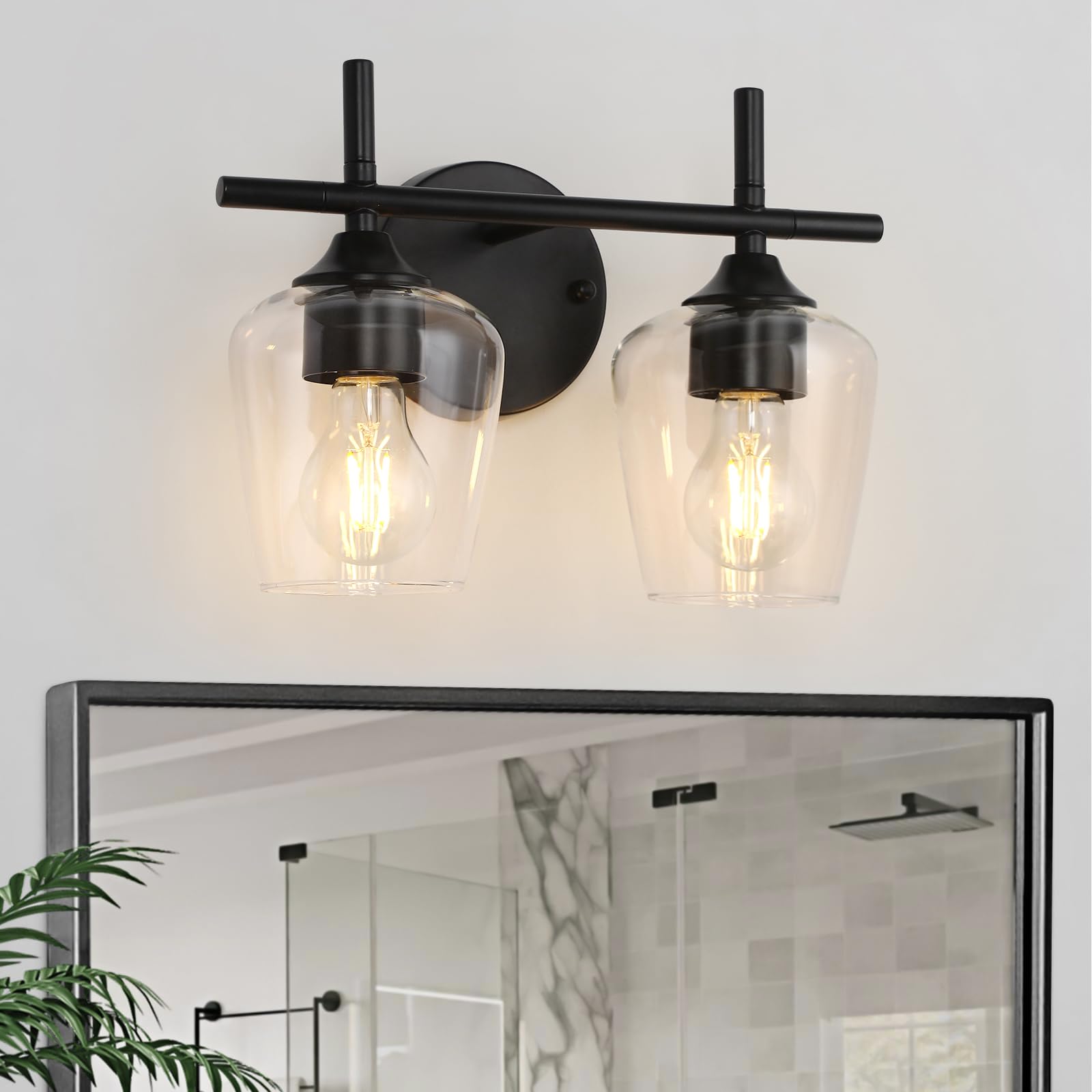 foucasal 2-Light Bathroom Vanity Light Fixtures, Black Industrial Wall Light with Clear Glass Shade, Model ULB0046H-2HEI