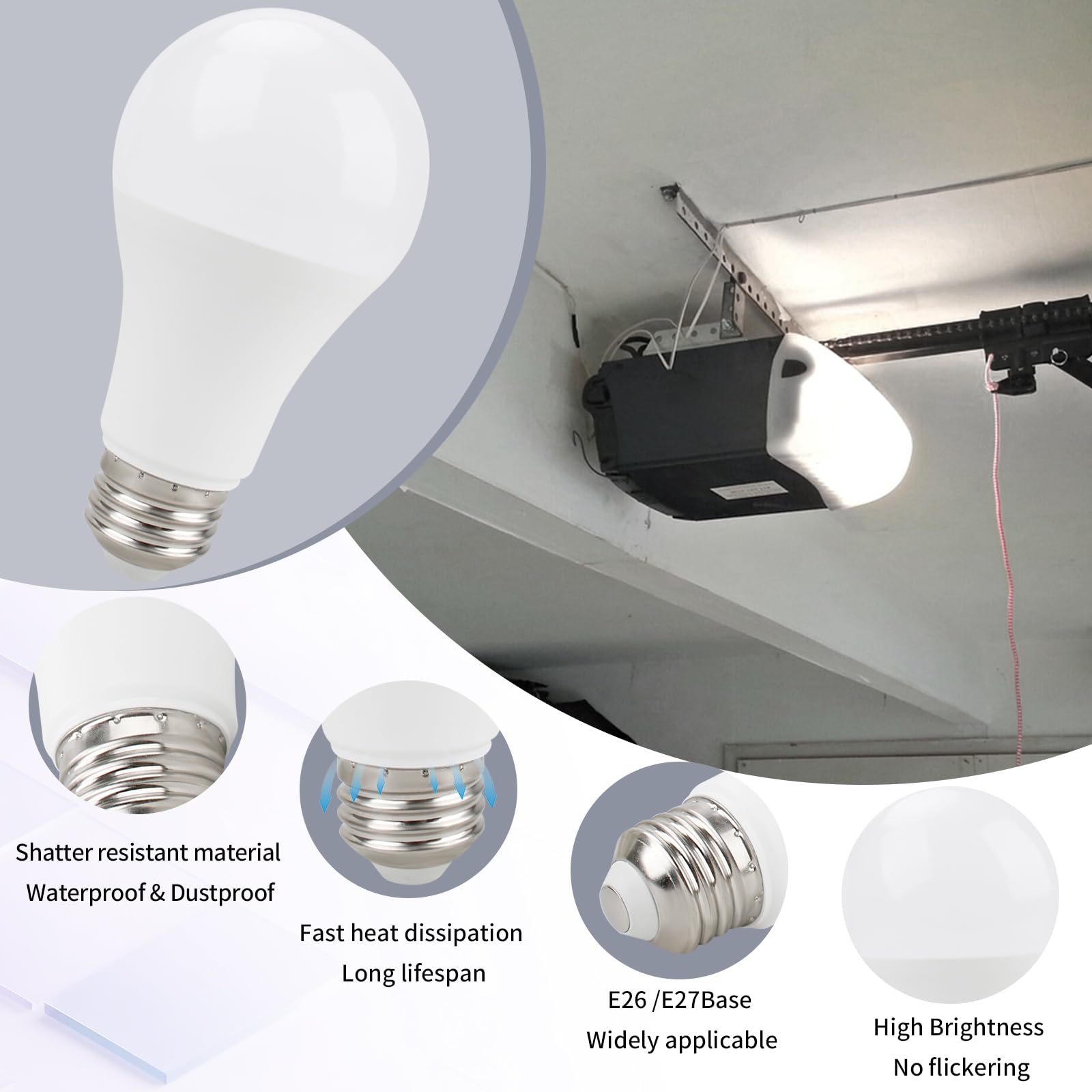 Pulems Garage Door Opener LED Light Bulb - 9W, 4000K, E26 Base, 2 Pack, White, for Chamberlain, Genie, Craftsman & Lift