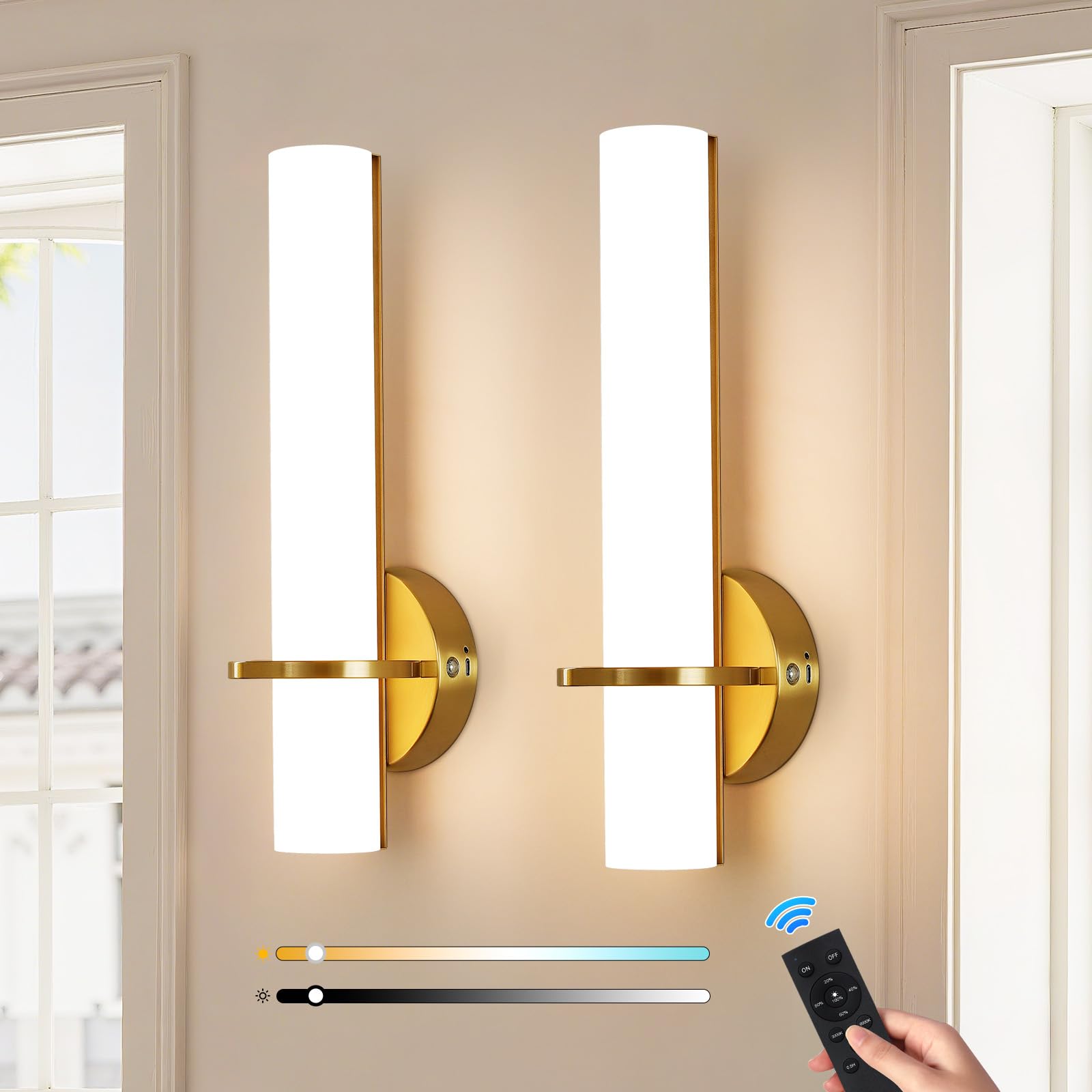 AIJIASI Battery Operated Wall Sconces Set of Two, 15 Inch Gold, 10000mAh Rechargeable, Dimmable LED, Model 8001WL