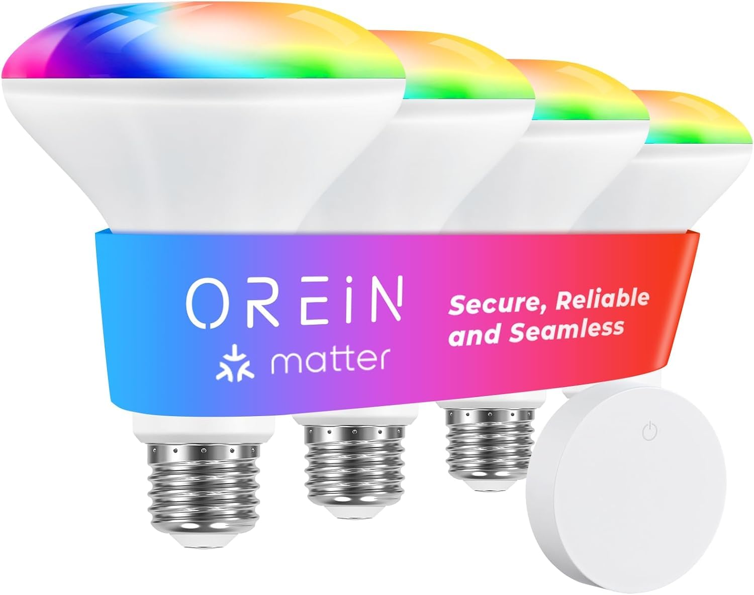 OREiN Matter Smart Light Bulb, BR30 Smart Bulbs with Remote 650LM 60W, Recessed Color Changing Bulbs RGBTW, Smart Flood Light Bulb Compatible with Alexa, Apple Home, Google Home, SmartThings, 4Pack
