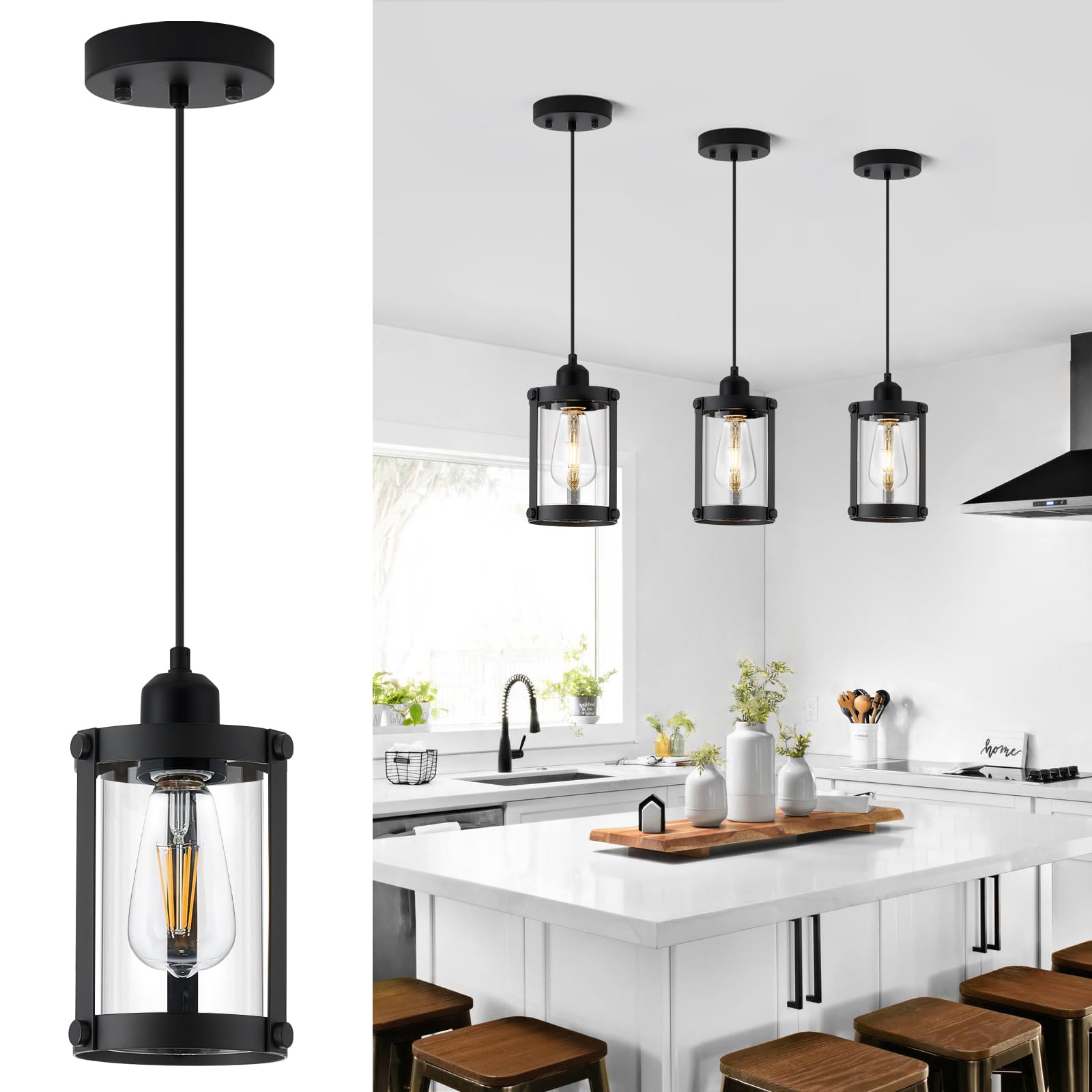 Osimir Black Pendant Lights Kitchen Island, 1-Light Modern Mini Hanging Light Fixtures with Clear Glass, Farmhouse Kitchen Penda