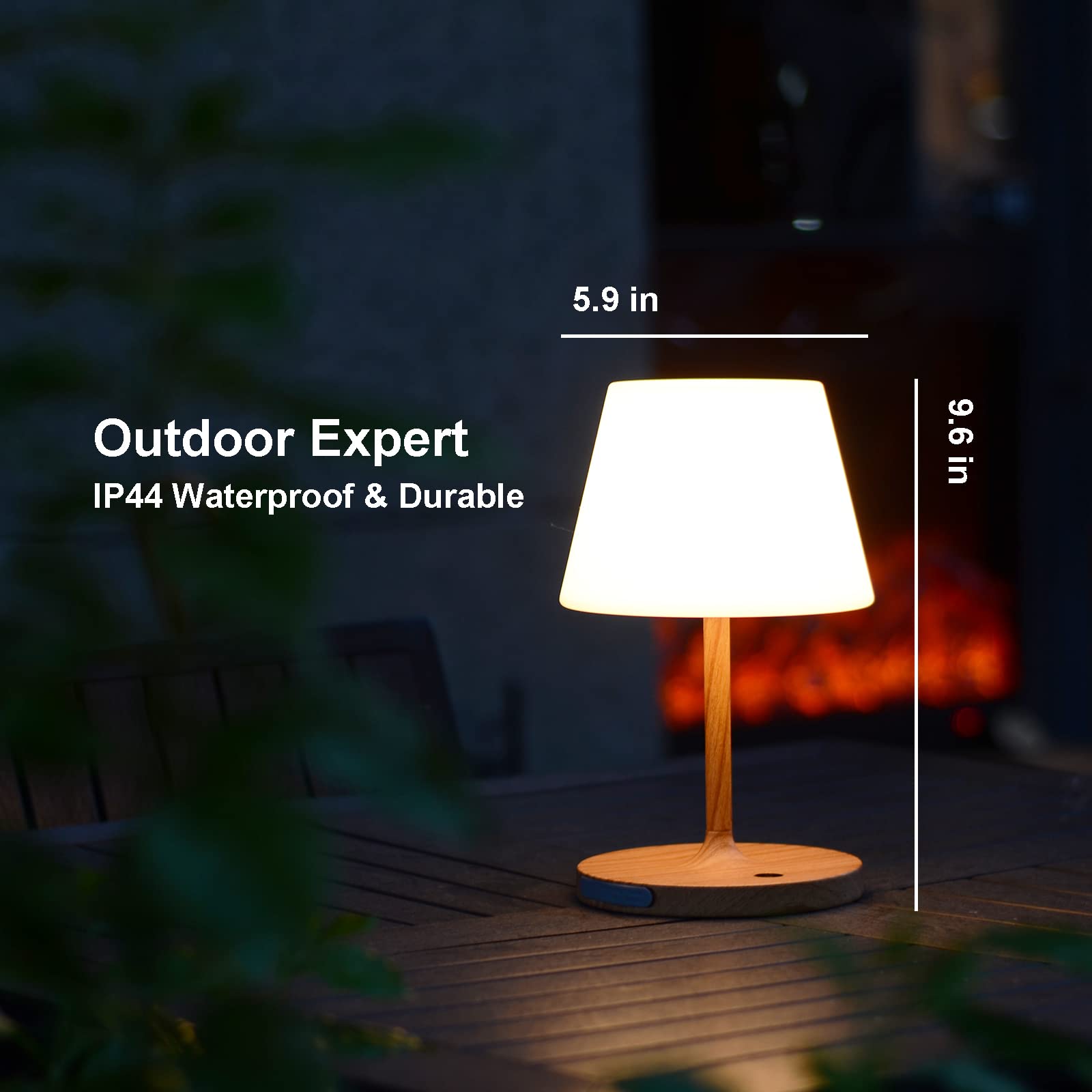 LOTITOL Outdoor Table Lamp - Cordless USB Rechargeable, 4000mAh, 2700K LED, Touch Dimmable, IP44 Waterproof, 9.6in, Wood