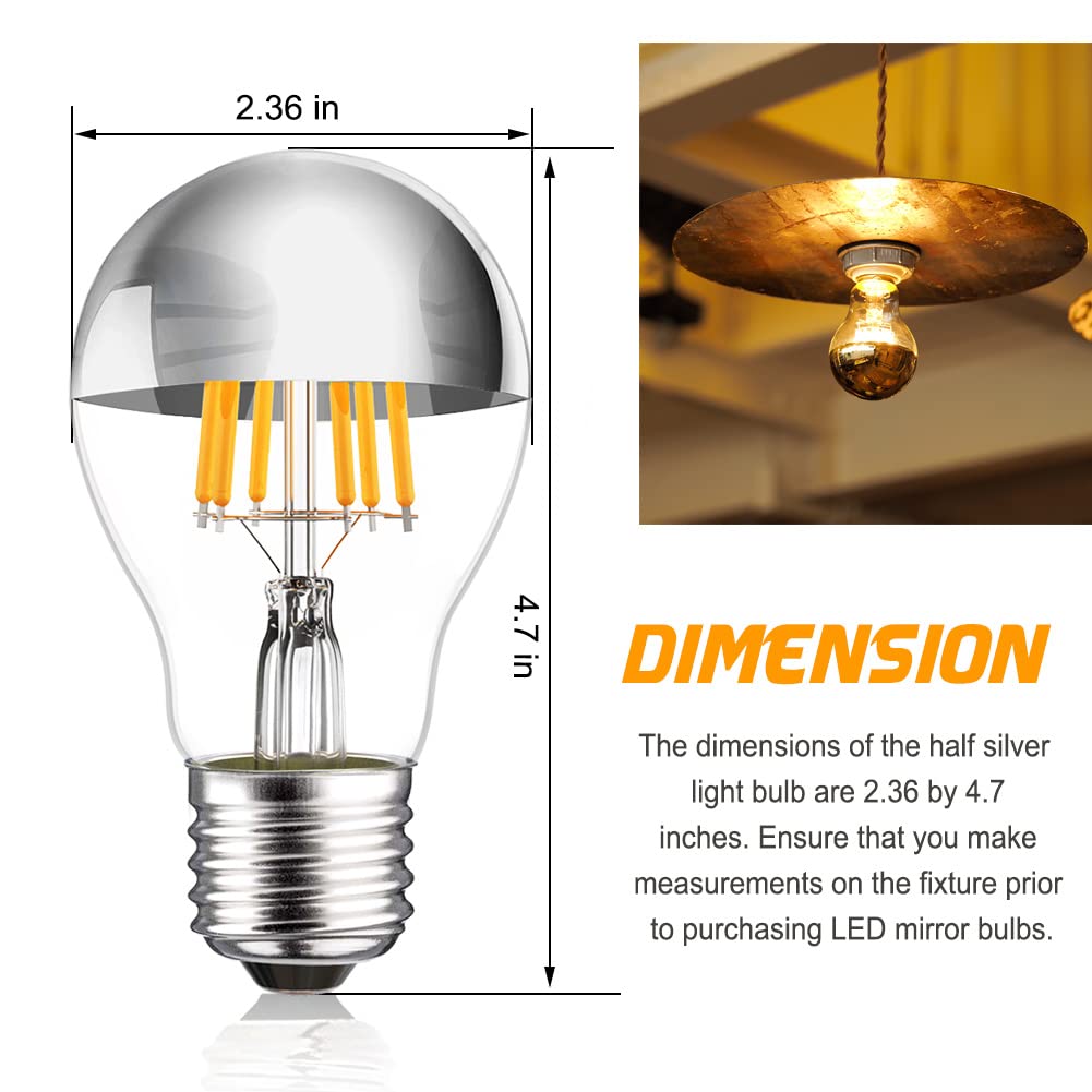 Half Chrome Light Bulb 6W (60 Watt Equivalent), Dimmable A19 A Shape 2700K Warm White Decorative Led Edison Bulb, Silver Tipped