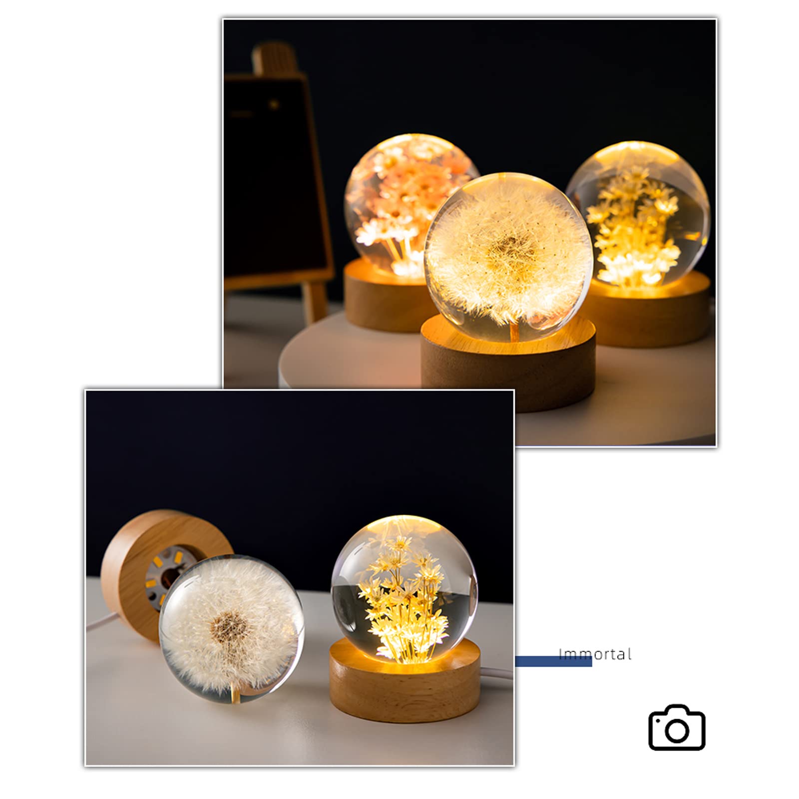 Marzius Flower Crystal Ball Night Light,2.4 Inch Glass Ball Night Lamp With Woodern Base,Decorations Gifts For Men,Women,Kids,Bo