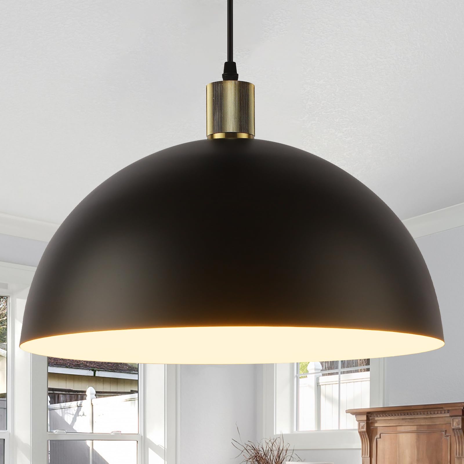 Karjearl Black Pendant Light Fixtures - 15.7" Metal Dome Chandelier, 2 Pack for Kitchen Island & Dining Room