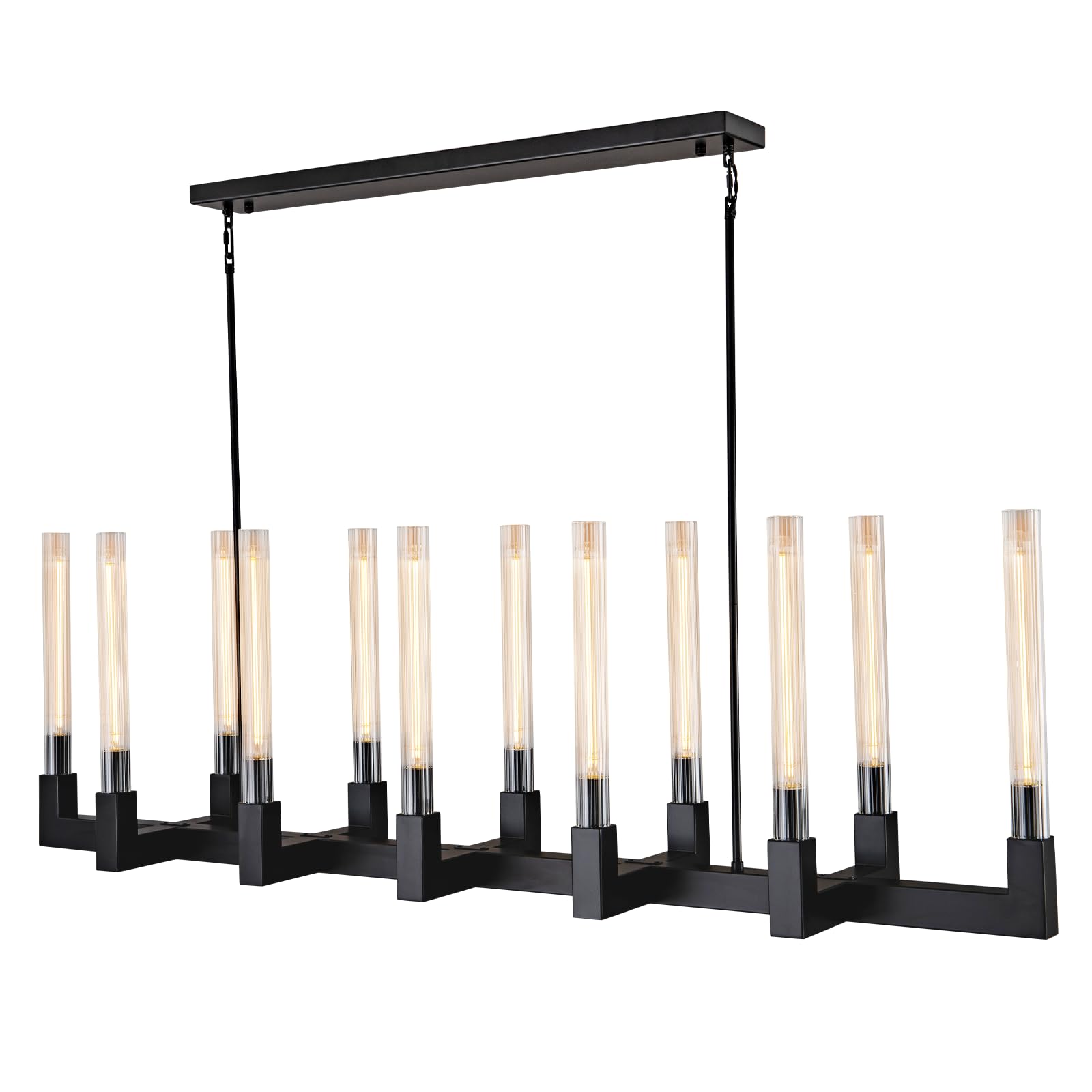 YUEXPAND 68-Inch 12-Light Black Modern Chandelier with Knurled Glass Tube Shades, Rectangular Luxury Ceiling Pendant Light Fixtu