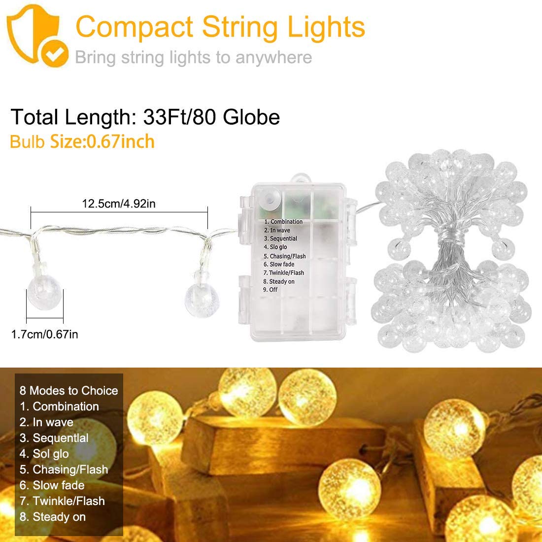 Cosumina 33 FT 80 LED Battery Operated Globe Ball String Lights Fairy String Lights Decor for Bedroom Patio Indoor & Outdoor Par