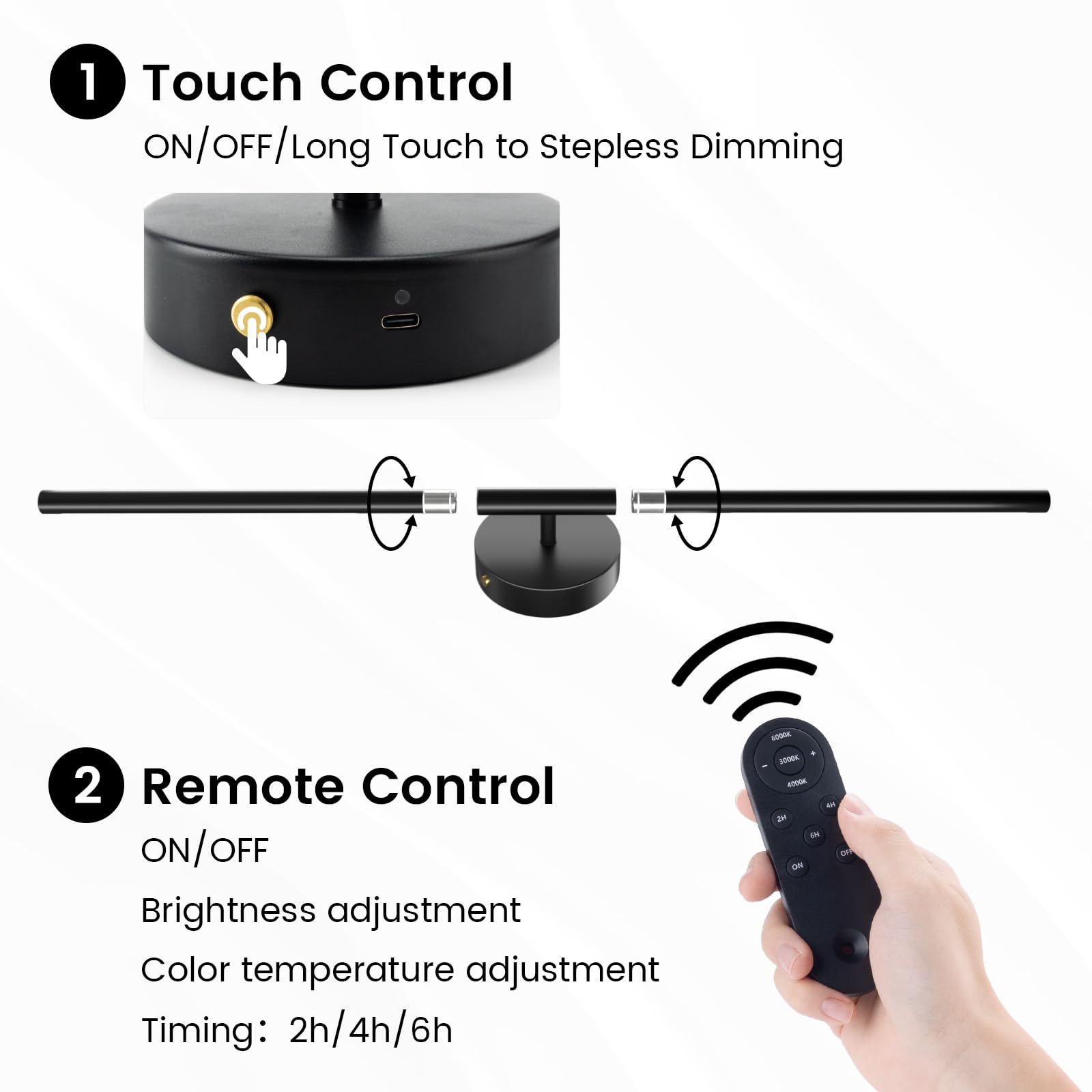JOFIOS Battery Operated Wall Sconces Set of 2, 27.6 Inch Dimmable Wireless Lights, 360° Rotation, Black, Model JFS61244
