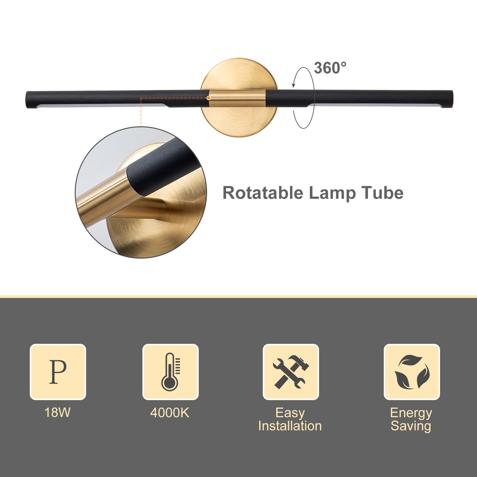 Linseeds Modern Bathroom Light Fixtures Over Mirror 24 Inch, 18W 360° Rotatable Dimmable 4000K Led Vanity Light Bar, Black And Gold Bathroom Vanity Lights Above Mirror, Led Bathroom Lighting
