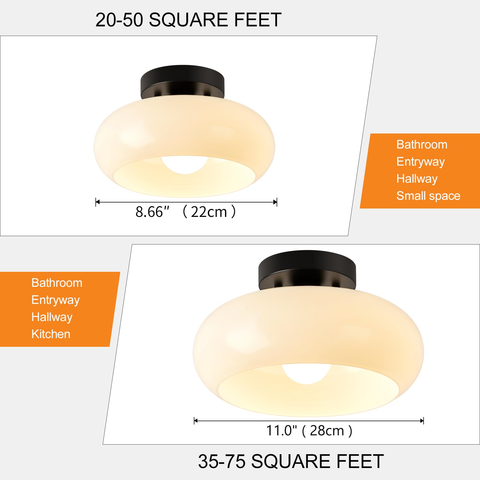 Woknos Mid-Century Modern Semi Flush Mount Ceiling Light, Metal Kitchen Light Fixture With Glass Shade,Vintage White And Black Colse To Ceiling Lamp For Entryway Hallway Bathroom (11.0 Inch)