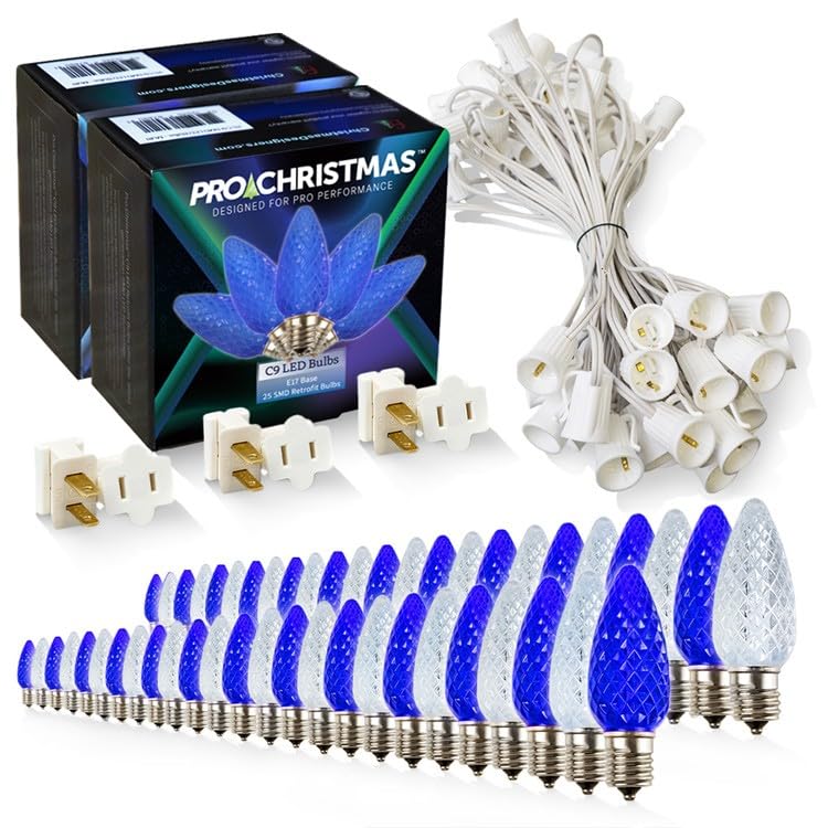 Pro Christmas C9 LED Christmas Light Kit for Rooflines & Pathways - DIY Cut to Length  Outdoor Commercial Grade (White Wire w/Vampire Plugs  50 Bulbs  50 ft) Pure White and Blue