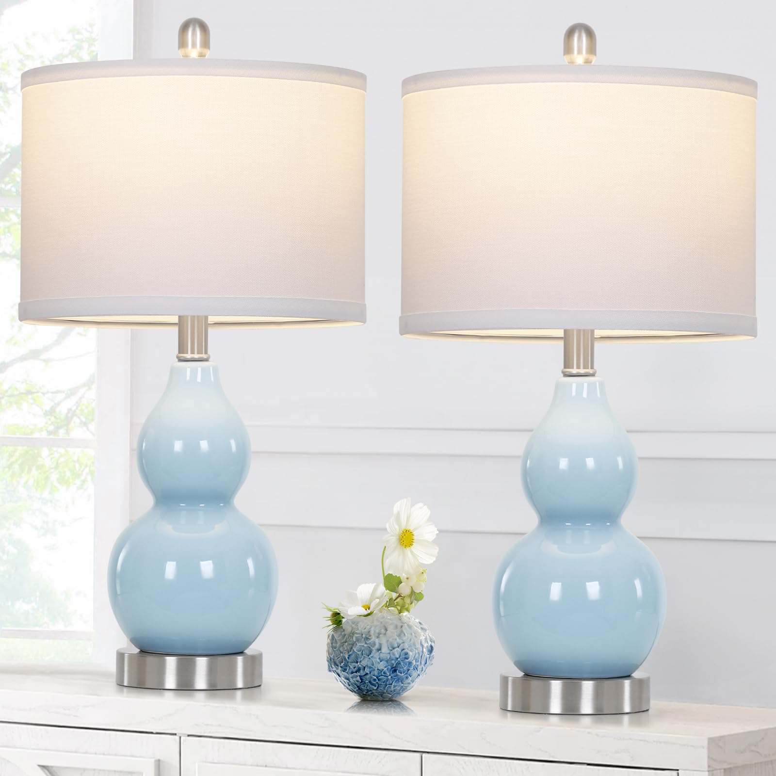 Rinweey Double Gourd Ceramic Table Lamps Set of 2, Modern Blue Bedside Lamps for Night Stand, Contemporary Nightstand Lamps for 