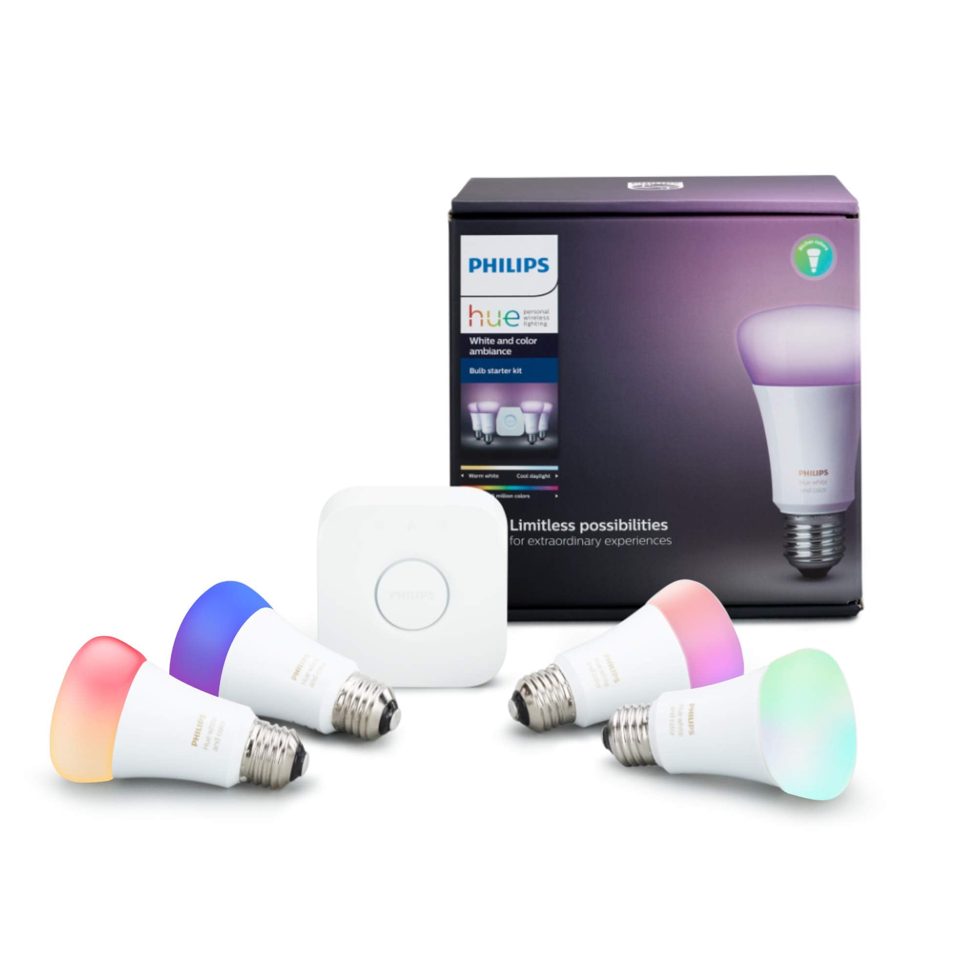 Philips Hue A19 Led Smart Bulb Starter Kit, 4 A19 Bulbs, 1 Hue Hub