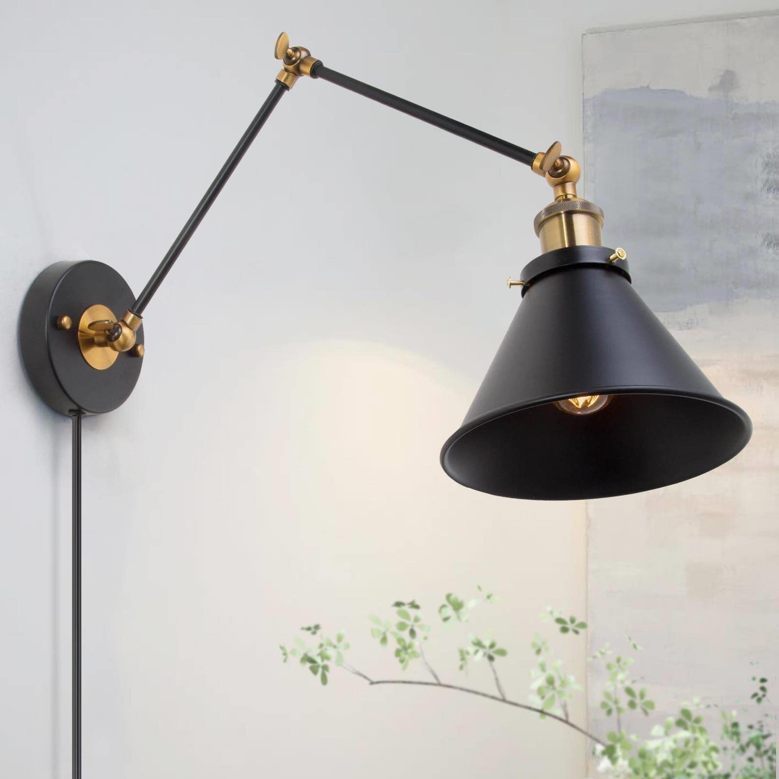 GEPOW Wall Sconces Lighting, Plug in or Hardwired Adjustable Black Swing Arm Wall Lamp with Antique Brass Finish for Bedroom, Li